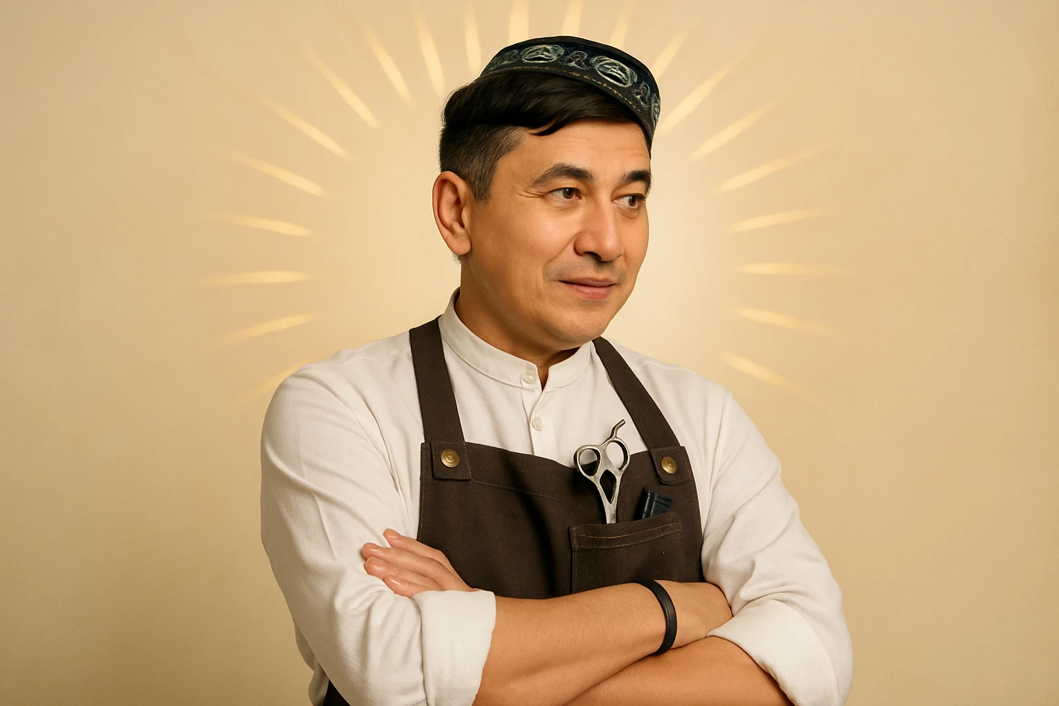 shu pozada turgan faqat o'ng tarafga qarab turgan sartarosh ustani tasvirlab ber realistik uslubda yoshi kattaroq soqol shart emas va uzbekistonlik erkak soch turmagi ham boshqacharoq bo'laversin emoji