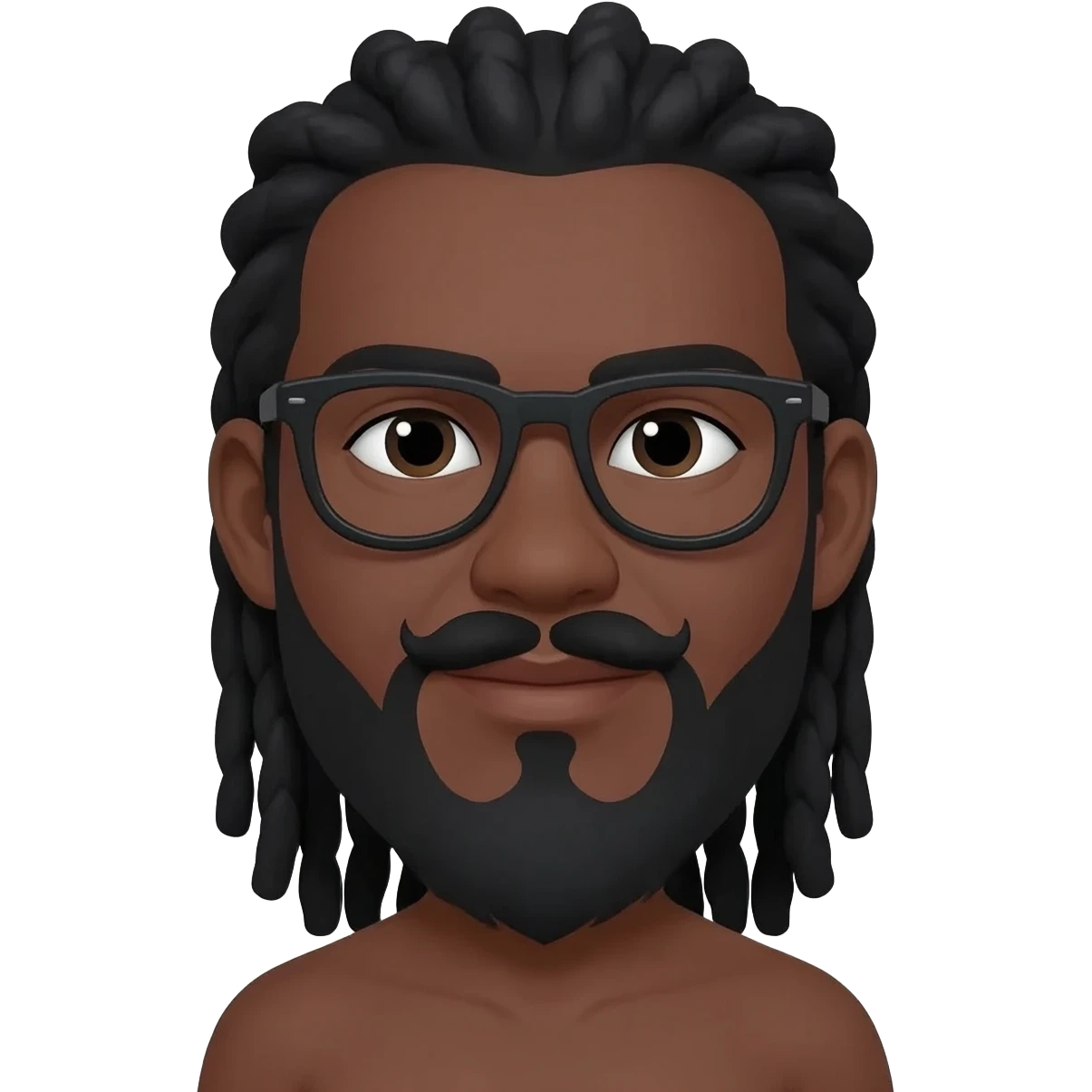 African American dark brown skin man with shoulder length black dreadlocks in on a braided hair style wearing black glasses with black moustache and beard separated with slightly chubby face emoji