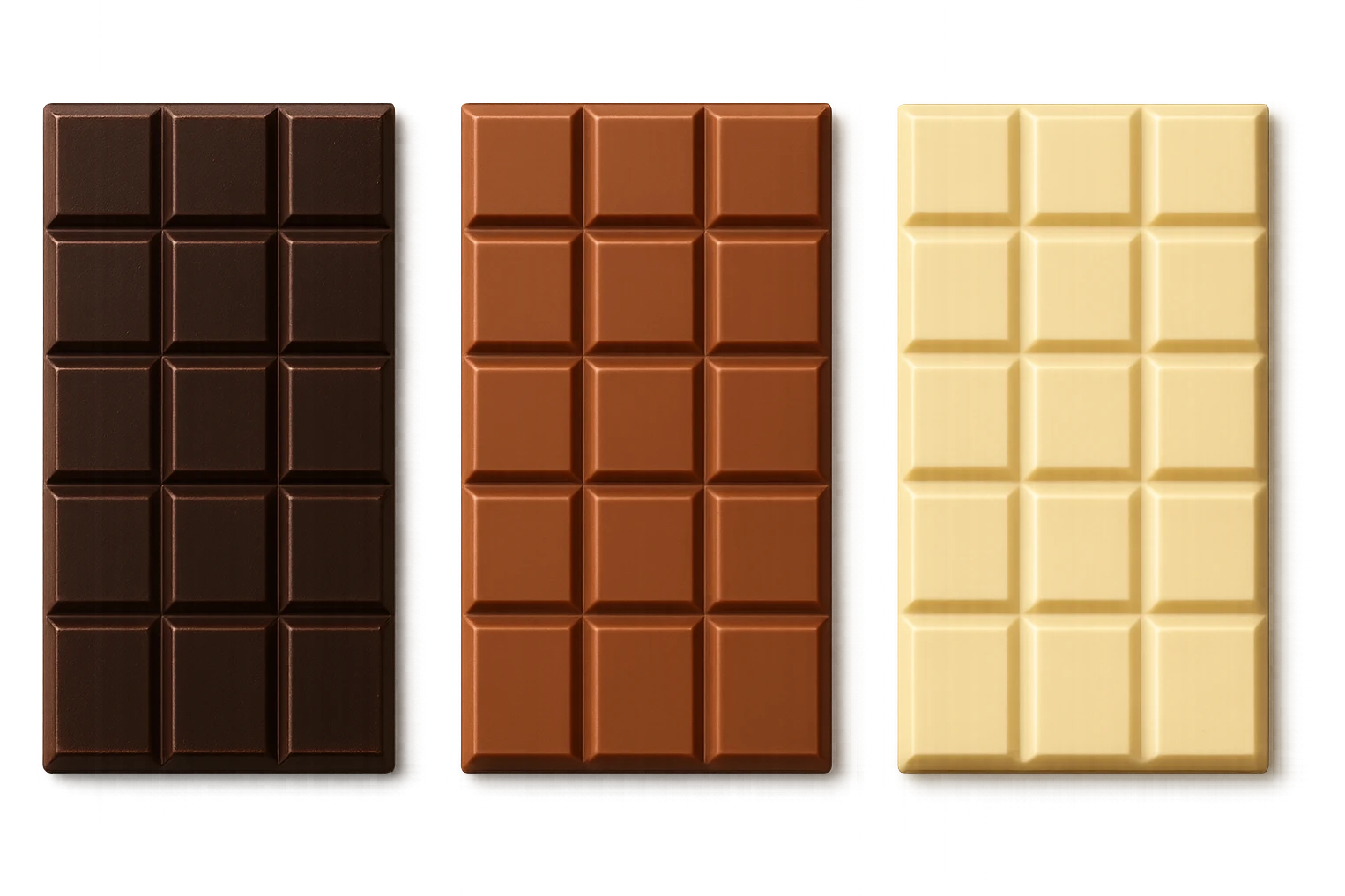 3 BARRETTE DI CIOCCOLATO, UNA FONDENTE, UNA AL LATTE E UNA BIANCA, VISTE DALL'ALTO, IPERREALISTICO 4K emoji
