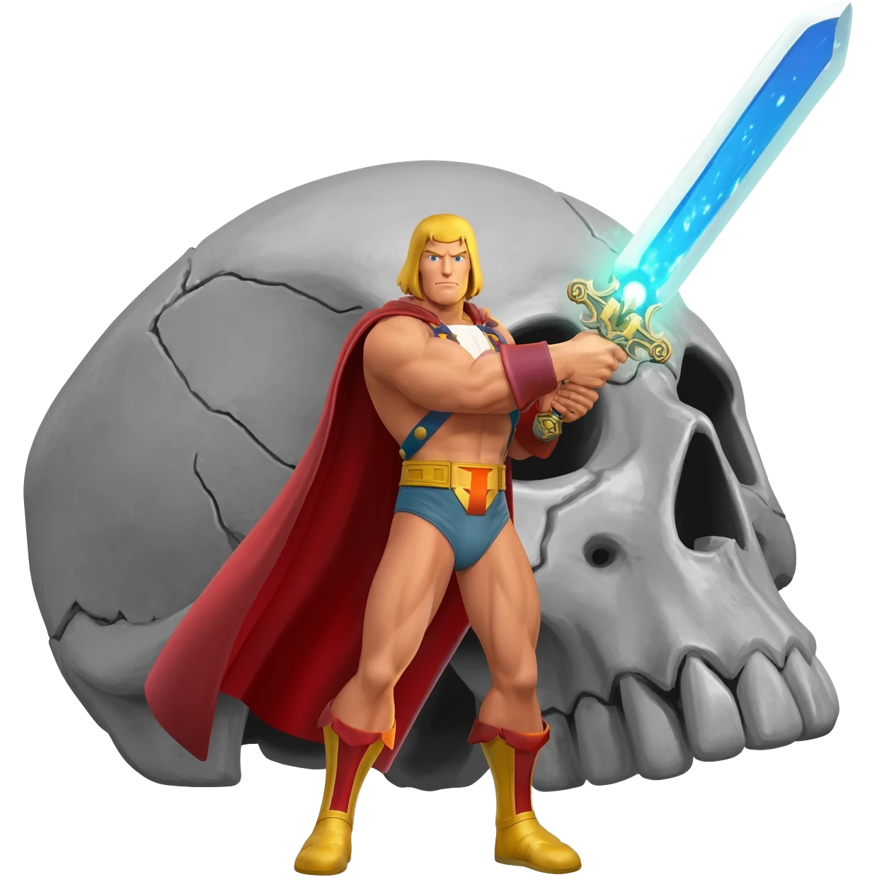 He-man in red cape holding up sword with power color shooting from sword towards sky in front of a large skull shaped gray castle emoji