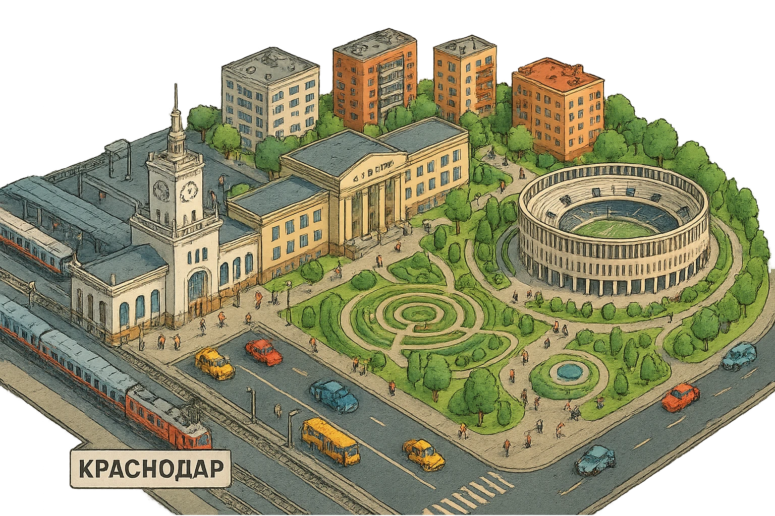 Изометричная миниатюрная фотореалистичная 3D модель панорамы Краснодара - вокзал Краснодар, КубГМУ, парк Краснодар со стадионом, краснодарские дома, автотранспорт четкие линии, яркие цвета, мультяшный реализм, люди, автотранспорт, компактная композиция, вид сверху в изометрии, прозрачный фон emoji