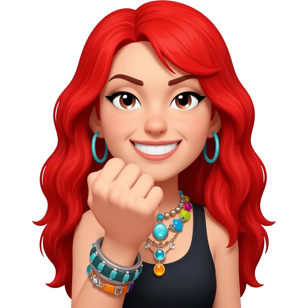 Not showing finger but fist on mouth and blowed mouth....she is red hair and tacky jewellery and cool....the hand is on her mouth and she is smirking and long hair emoji