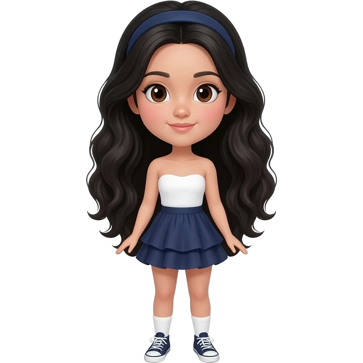 Tall girl emoji, long wavy black hair, fair skin, brown eyes. Wearing white strapless babydoll top, navy ruffle skirt, navy headband, and navy sneakers. 3D Apple style, white background. emoji