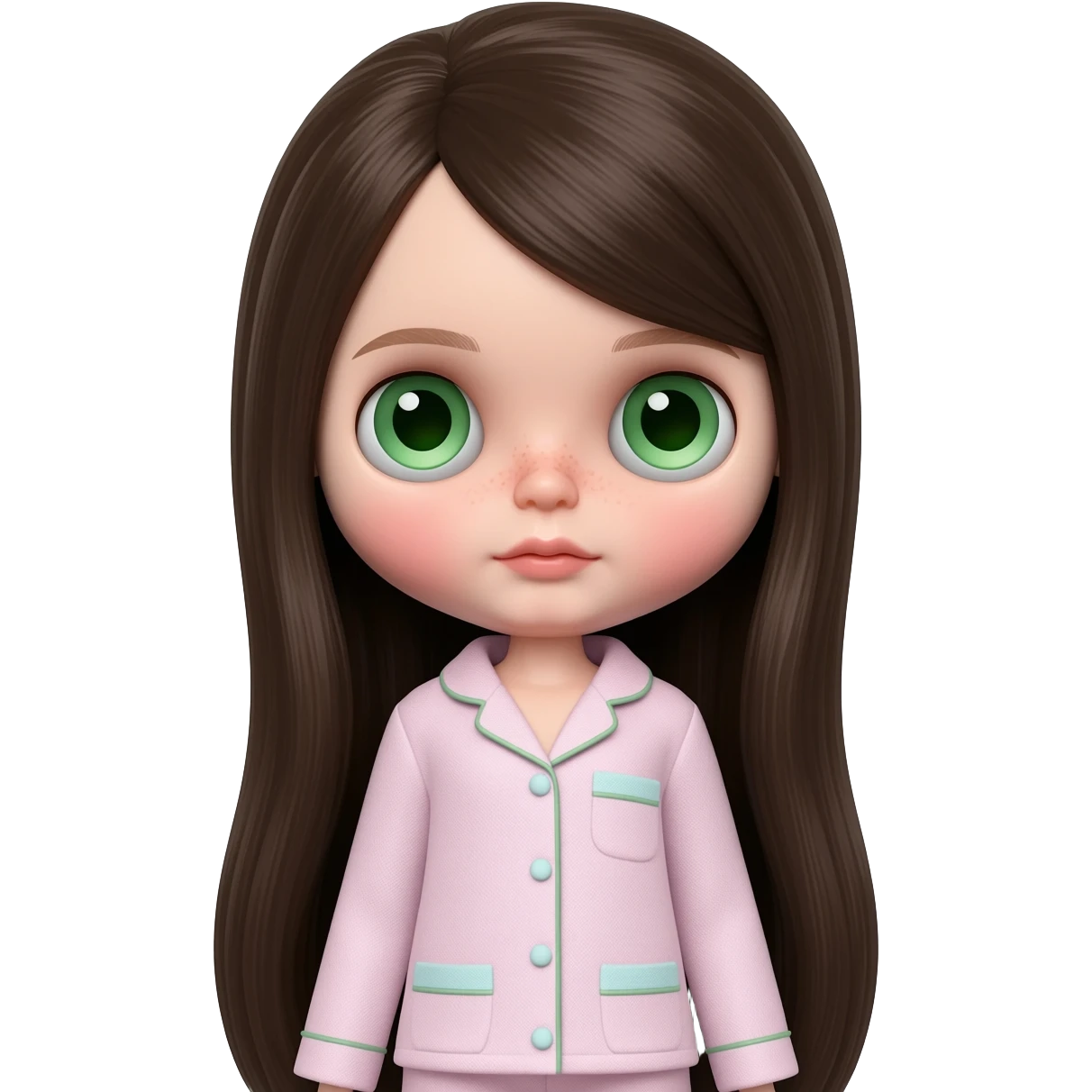 Make me an emoji that is wearing pajamas maker her a Blythe doll type emojiMake her hair longer Make her hair darker Make her hair a darker brown give her pale skin Maker more peach white pale Get rid of the rosiness in her cheeks and make her eyes green emoji