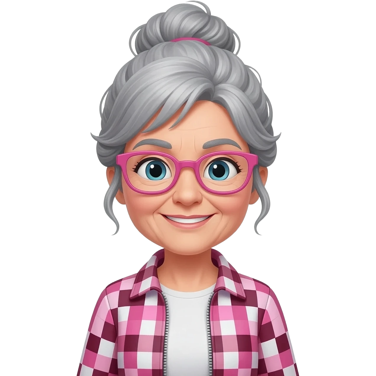 MUJER MEDIANA EDAD, PELO GRIS, MOÑO INFORMAL DESPEINADO, GAFAS ROSAS Y CON BABI DE MAESTRA CUADROS ROSAS/GRANATE/BLANCOS emoji