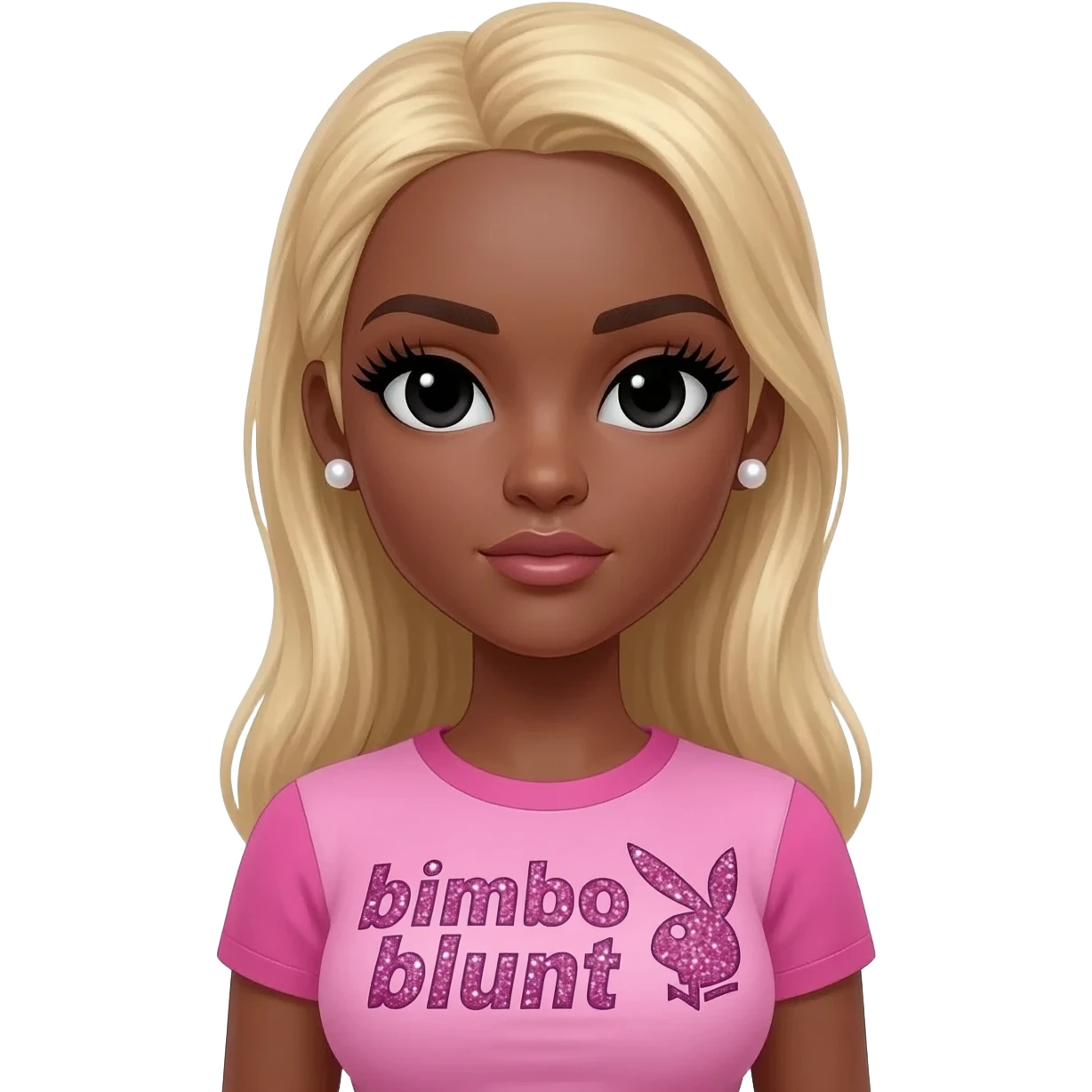 doll body , dark brown eyebrows, dark skin girl, pearl earrings stud, Long giant lashes, bimbo, black doll eyes, barbie, dark brown skin, with blonde hair, big breast, pink 2000s t shirt says on the sparkling text “bimbo blunt” on playboy logo emoji