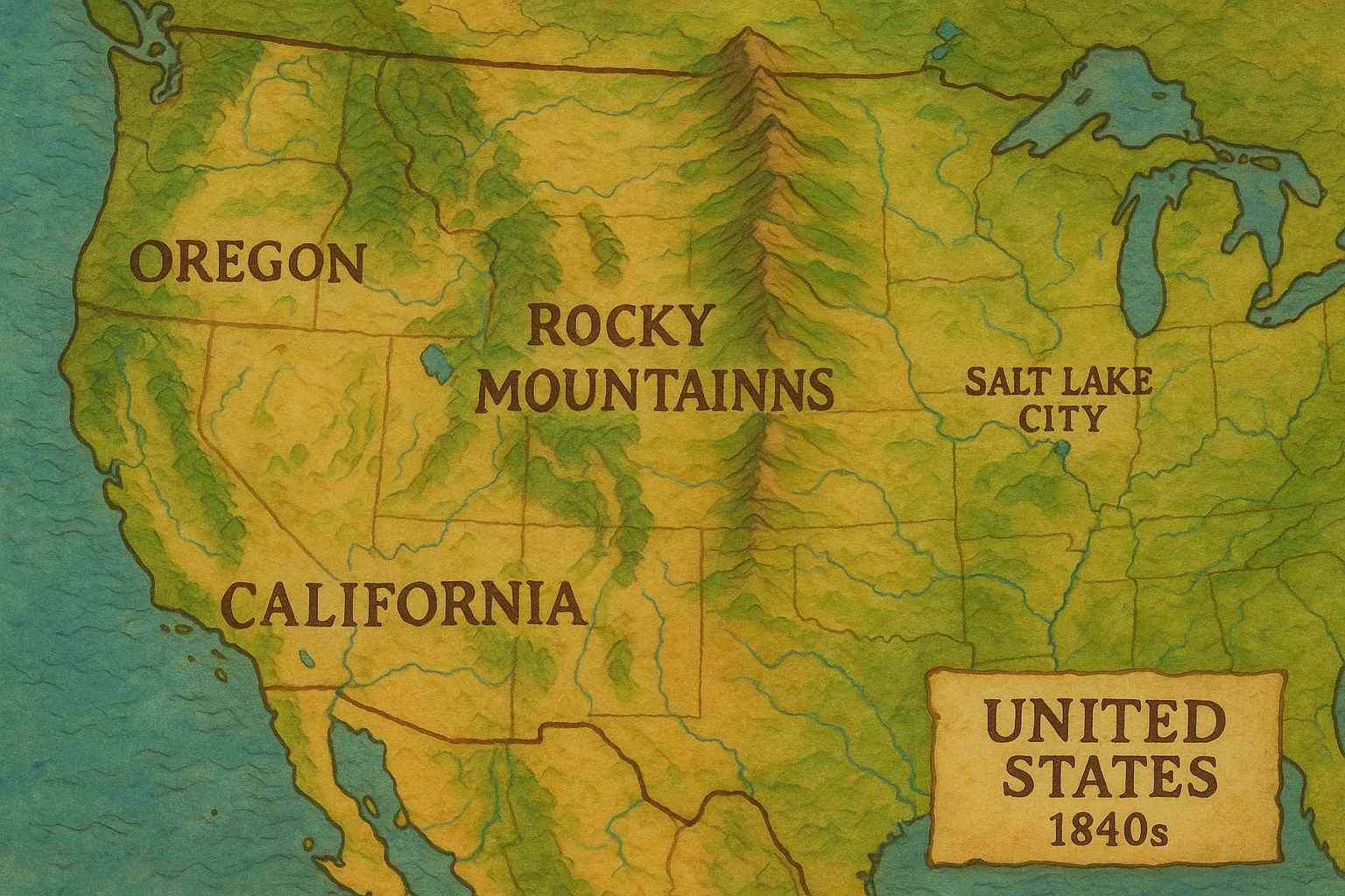 A topographical map of the USA in the 1840s which labels the rocky mountains, orgegon, california, Salt Lake City emoji