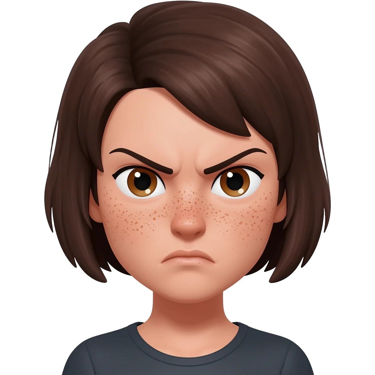 a woman with short hair like a boy's. She has freckles on her face. She has brown eyes. She's angry. emoji