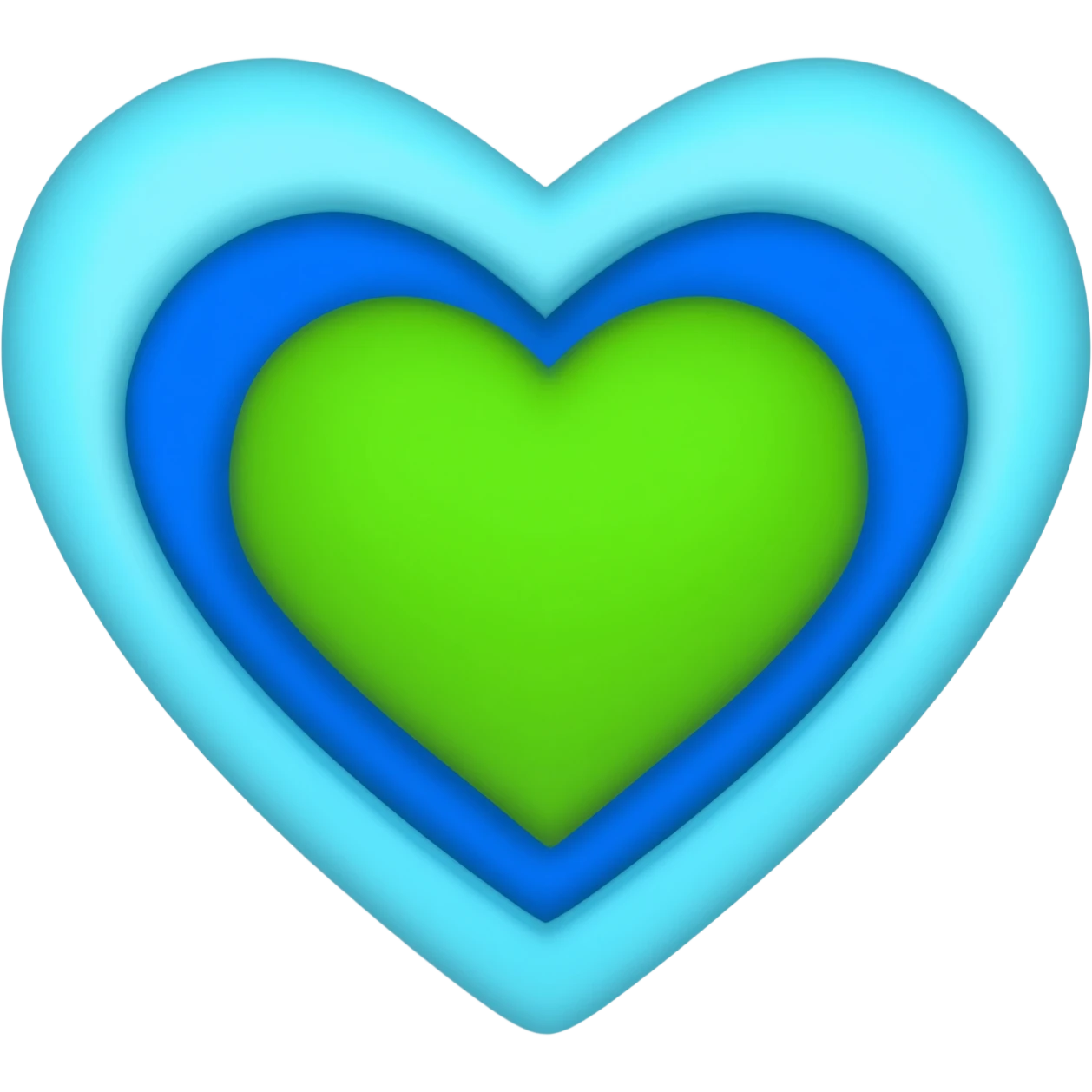 A light blue heart inside of a light blue heart, a blue heart inside of the blue heart a green heart emoji