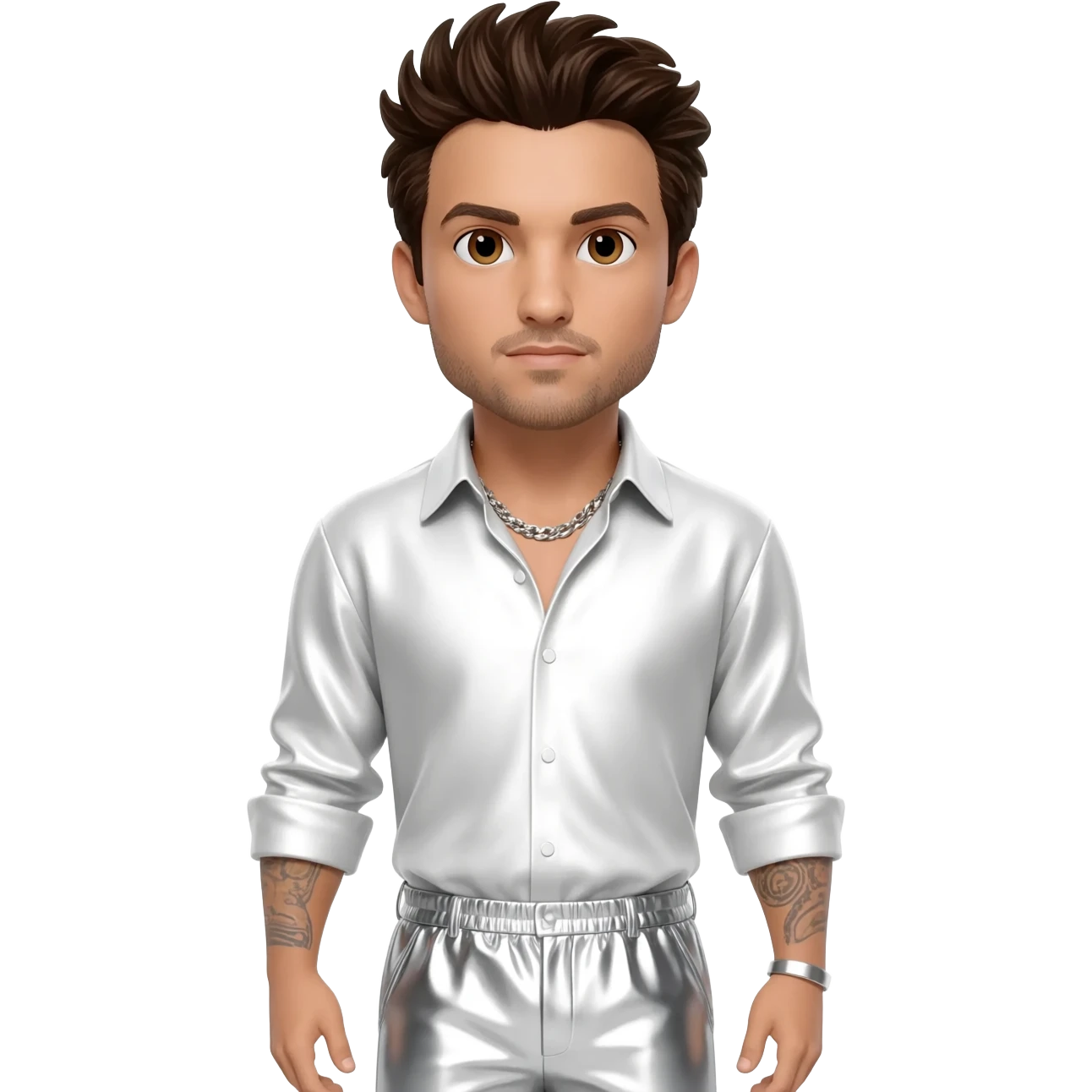 AJ McLean from Backstreet Boys with brown eyes, dark brown hair, white metallic shirt, white metallic baggy pants, silver necklace emoji
