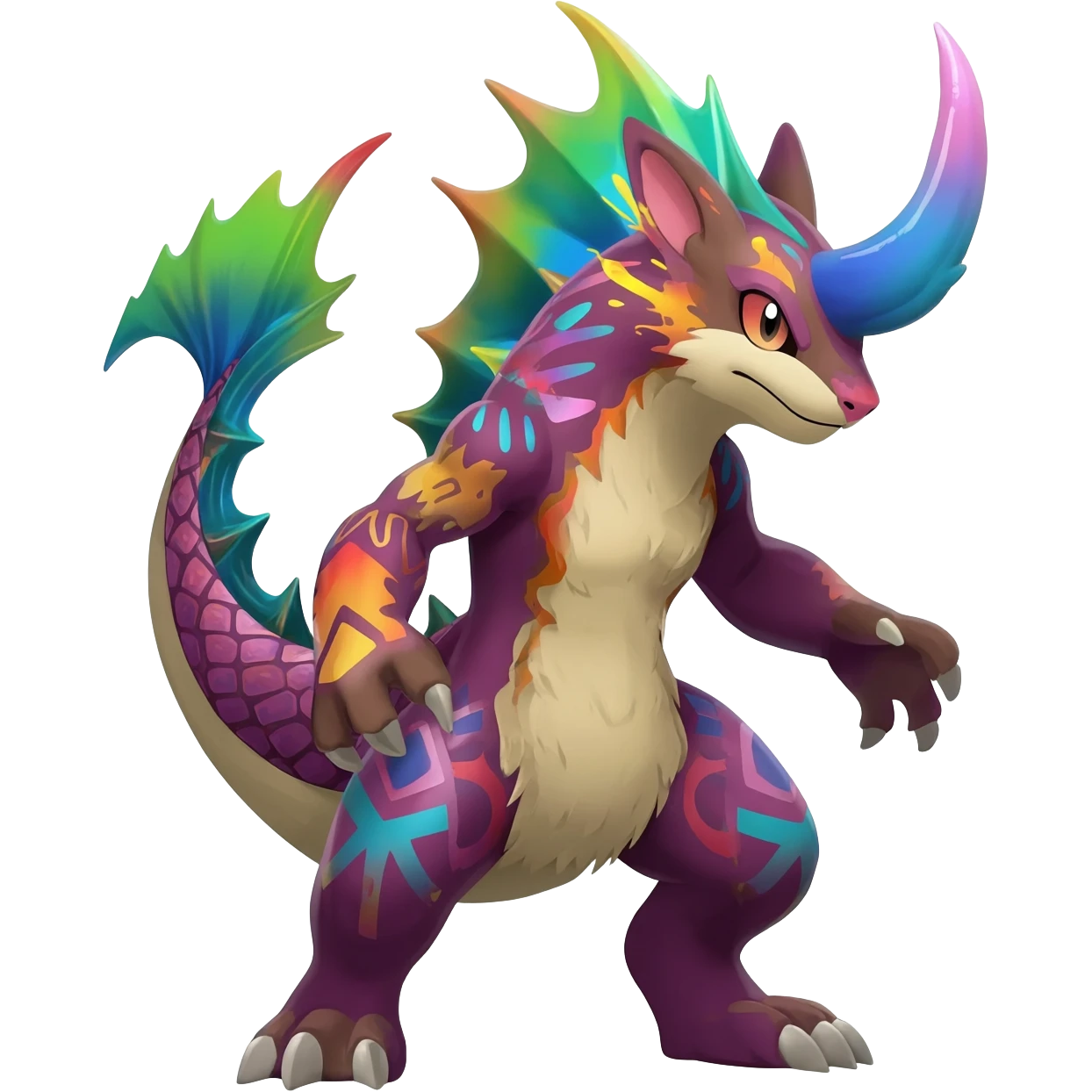 Colorful Exotic Pokémon-Fakémon-hybrid-creature (full body) with tribal intricate splash-markings and patterns and furs and scales and spikes and fins and horns  emoji