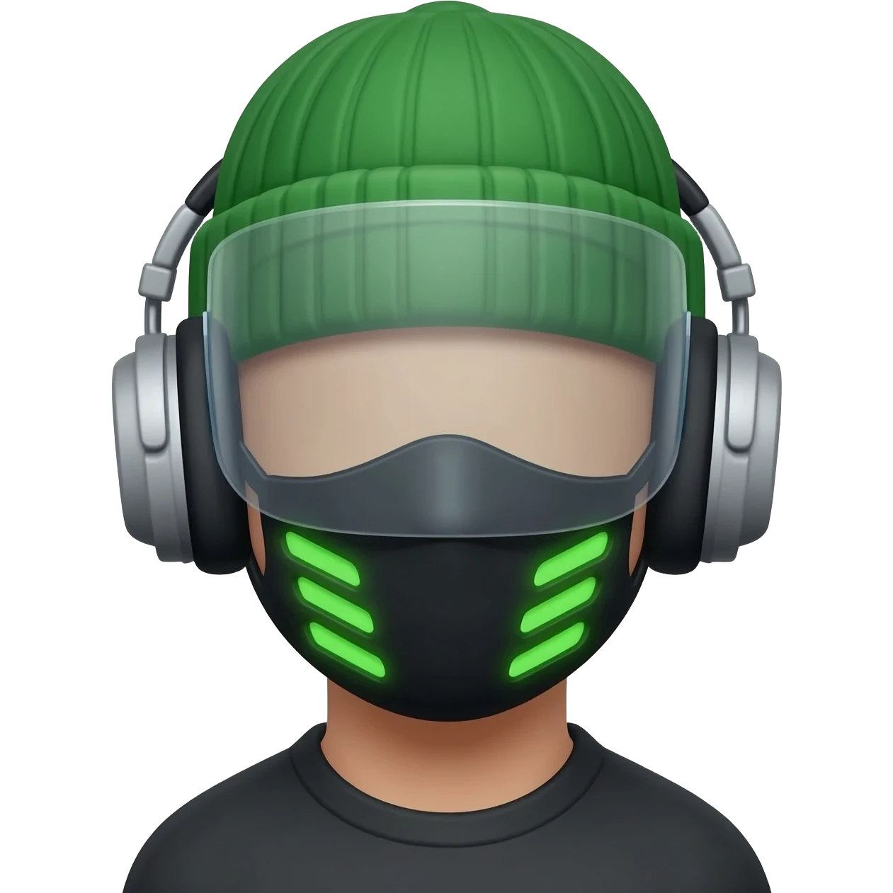 A human head wearing a green beanie and headphones ends connected by a clear visor. A black mask that is wide at the top and narrow at the bottom covers the lower face and has four glowing green vents on the front. emoji