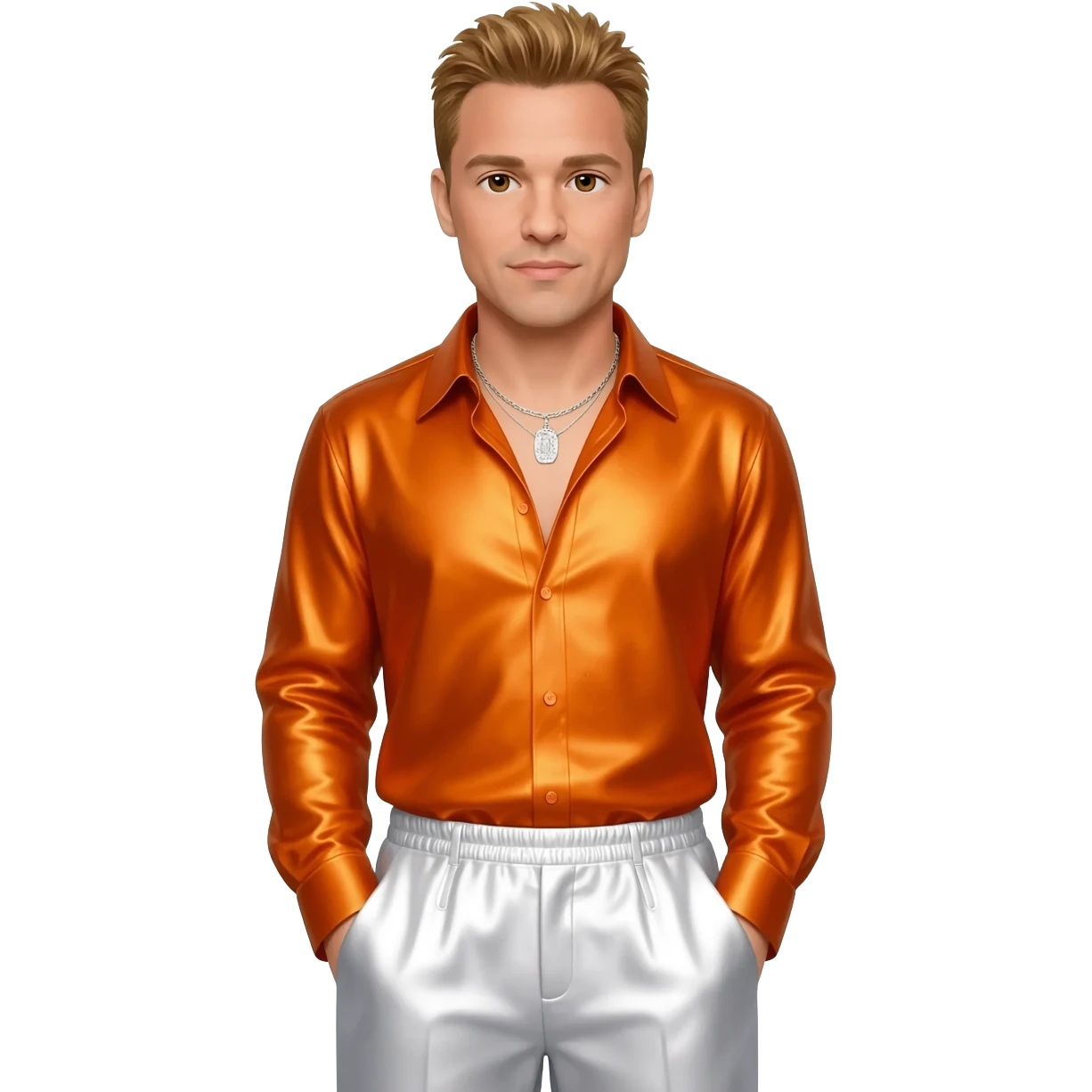 Donnie Wahlberg from NKOTB with brown eyes, golden brown hair, orange metallic shirt, white metallic baggy pants, silver necklace emoji