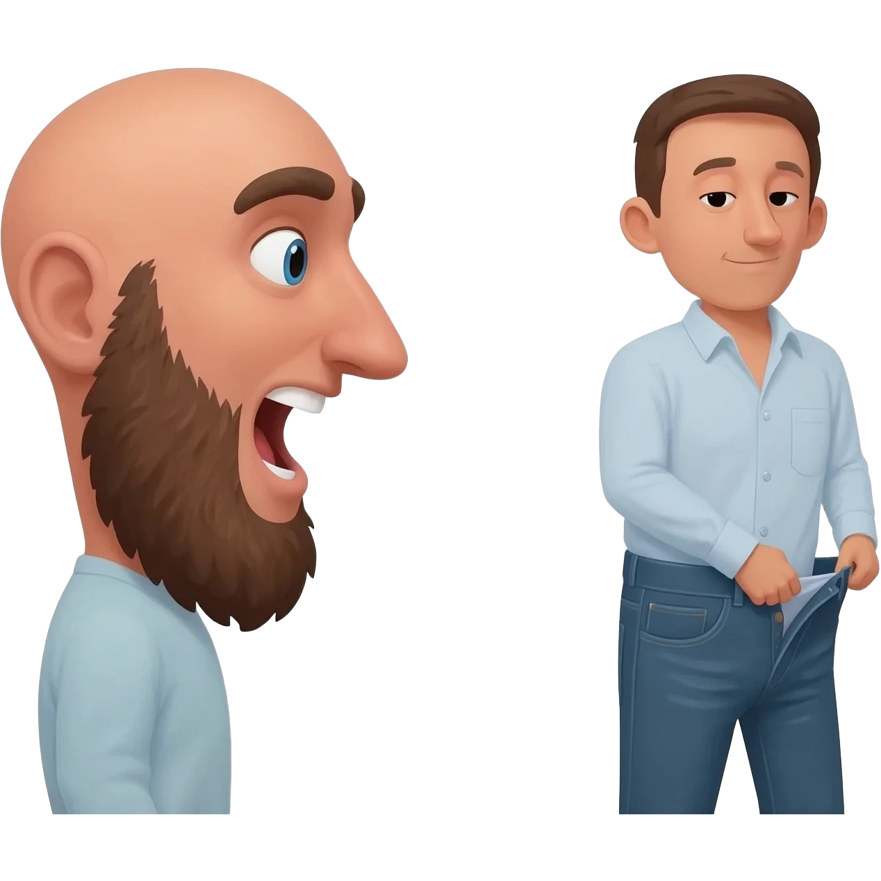 In profile a bald 35 year old man with beard  has his mouth wide open in fron of a man unbuttoning his jeans emoji