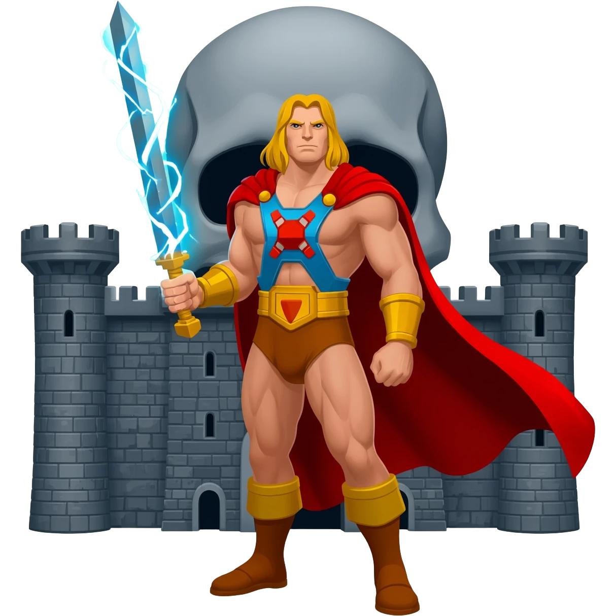 He-man in red cape holding up sword with power color shooting from sword towards sky in front of a large skull shaped gray castle emoji