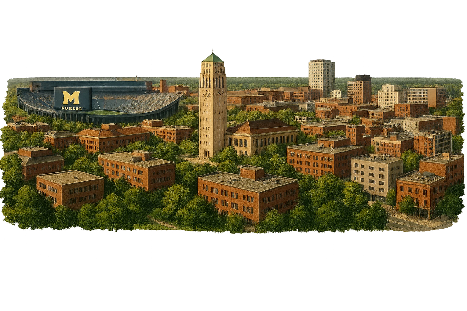 cinematic realistic emoji of Ann Arbor, Michigan, panoramic cityscape with University of Michigan campus, Michigan Stadium, Burton Memorial Tower, downtown Ann Arbor, lifelike detail, accurate colors, bright daylight, no sky, no clouds emoji