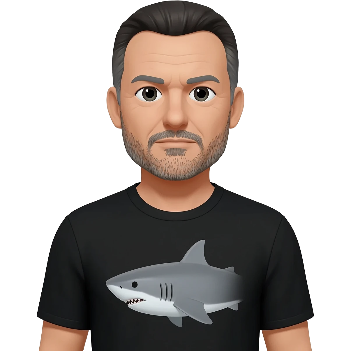 a mature man with hair wearing a t-shirt with a shark image on it. emoji