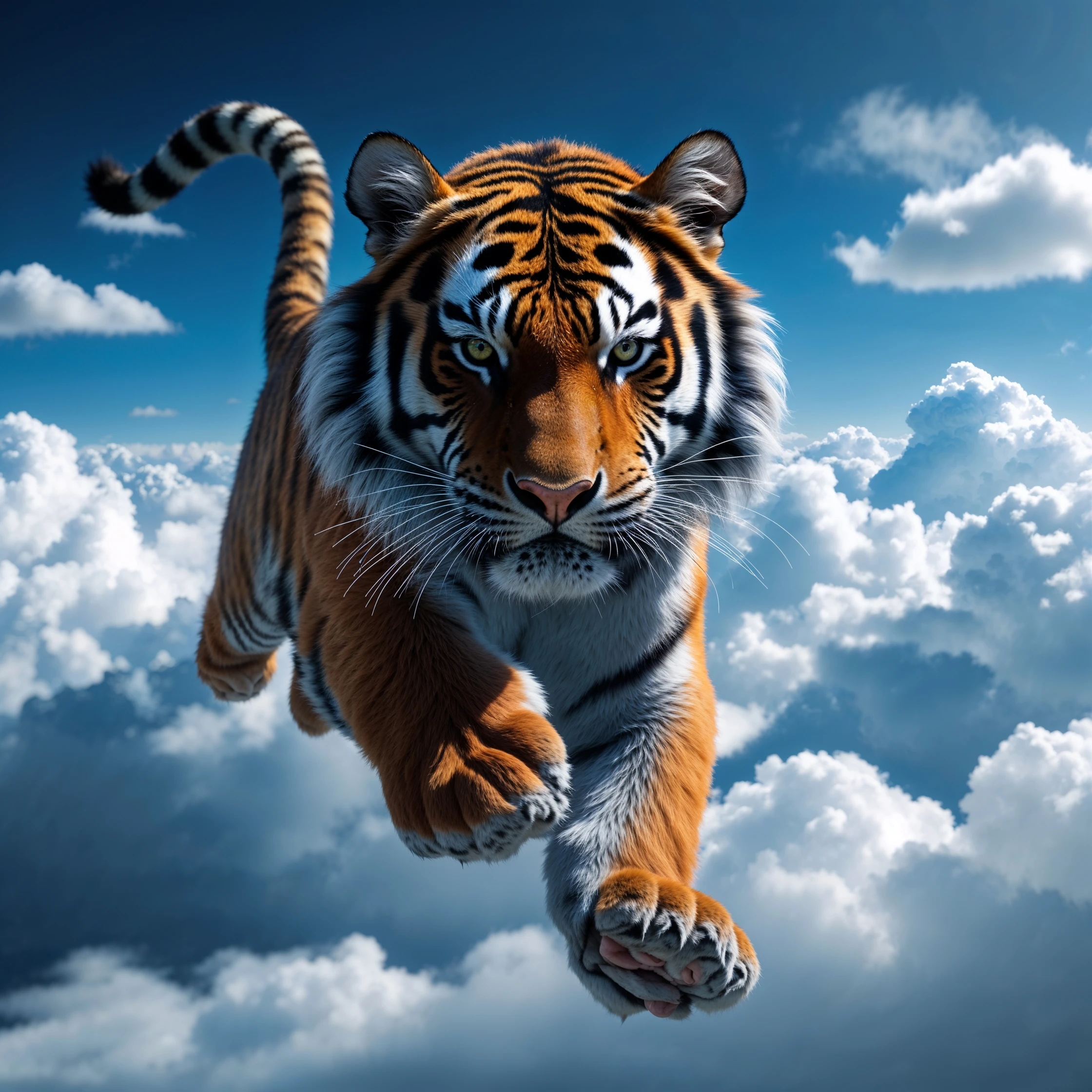 Tiger with corwn flying around clouds, blue solid color, with cinematic blur emoji