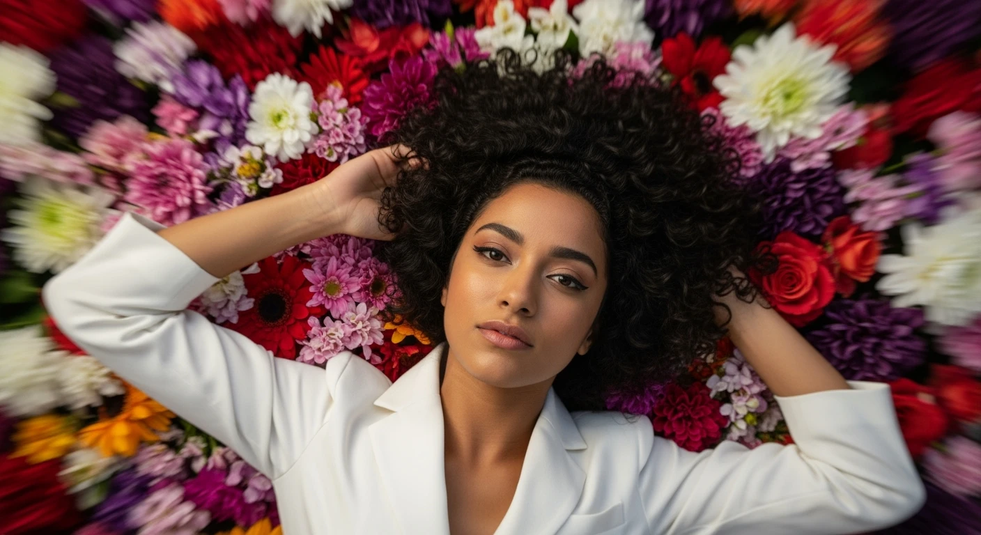 Camera drom top, Motion blur Extreme Closeup photo of a beautifull woman lay around beautifull colorfull flowers, cinematic light, 60/30/10 color rule, 8K, very detailed, sharp, depth (foreground, midground, background) inspired by La La Land emoji