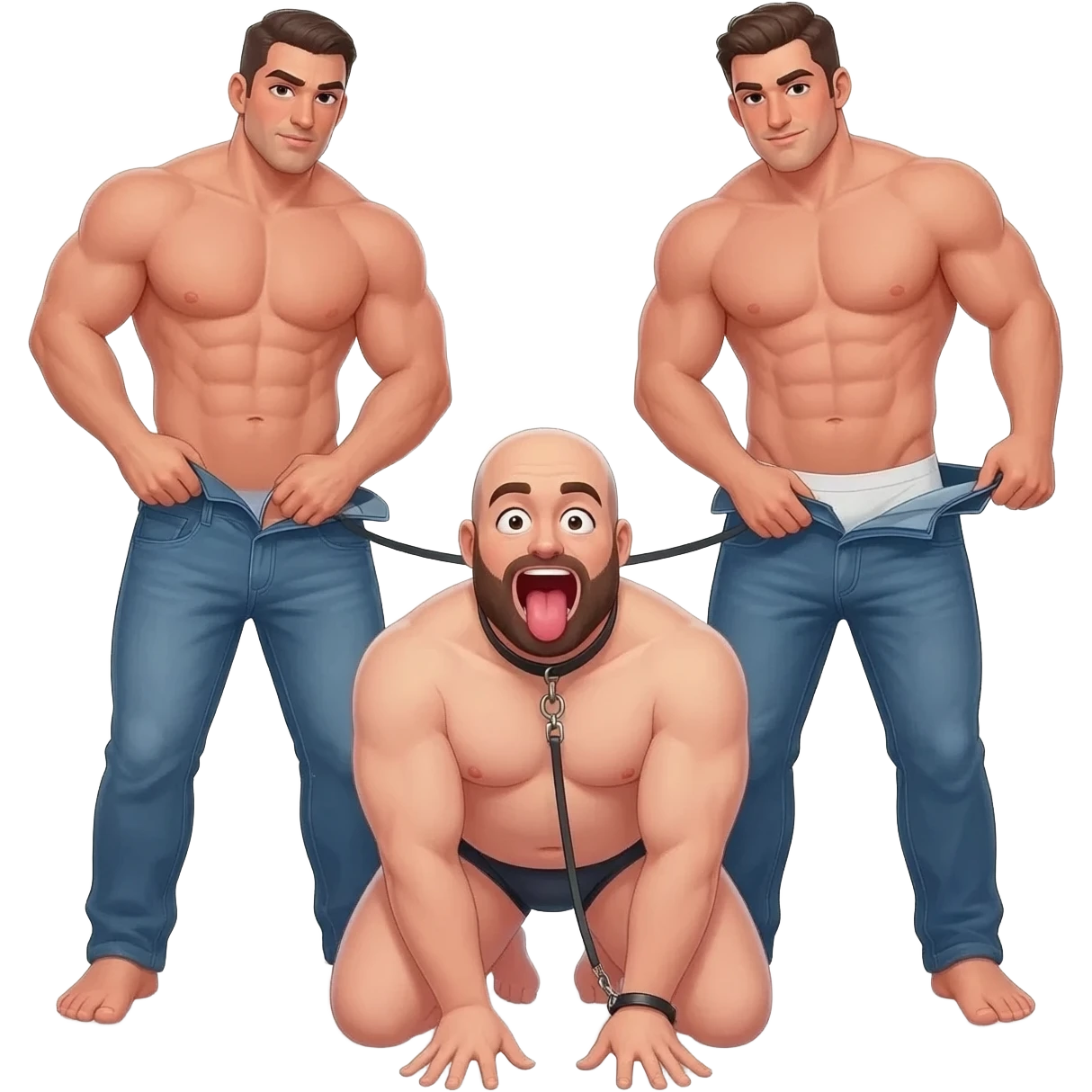 Two shirtless muscular men with big bulges are unbuttoning their jeans are surrounding a chubby bald bearded guy in underwear with mouth wide open and tongue out on his hands and knees wearing a collar and leash held by one man in a realistic picture emoji