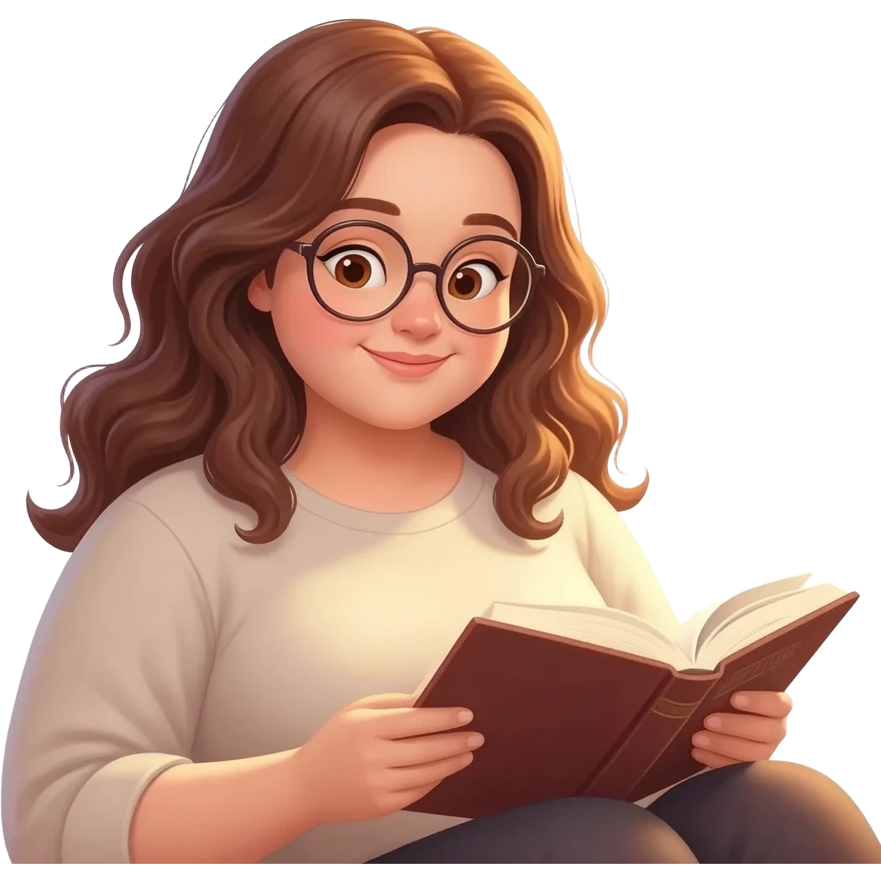 detailed emoji illustration of a curvy woman with long chestnut brown wavy hair, light brown eyes and round glasses, sitting comfortably and reading a book, warm sunlight, peaceful atmosphere, emoji style emoji