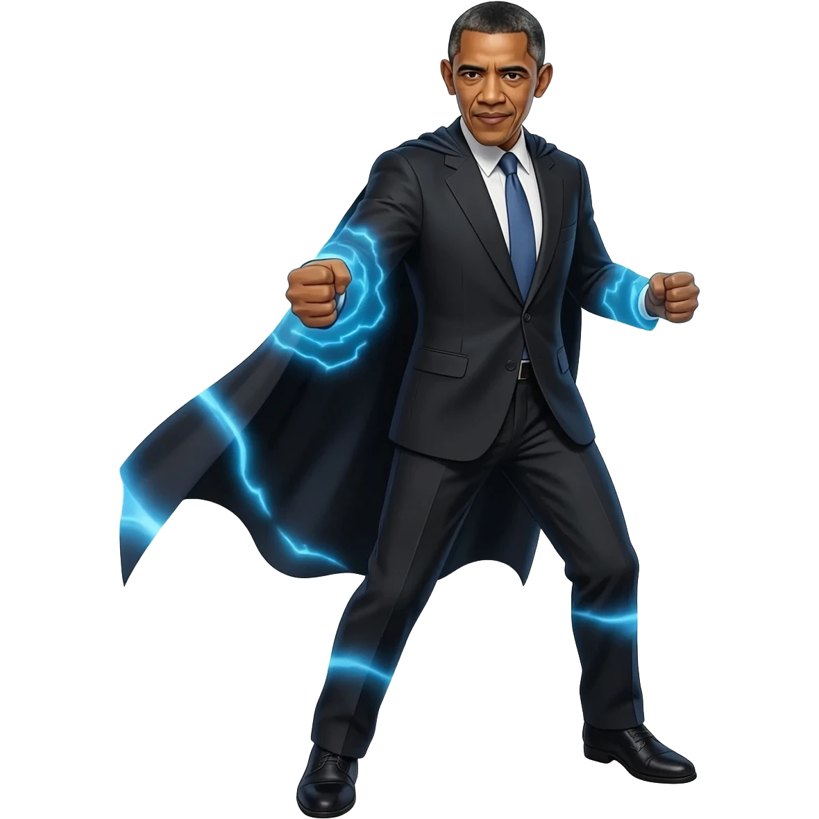 Barack Obama, full body in a black suit, powering up like a super hero, full body emoji