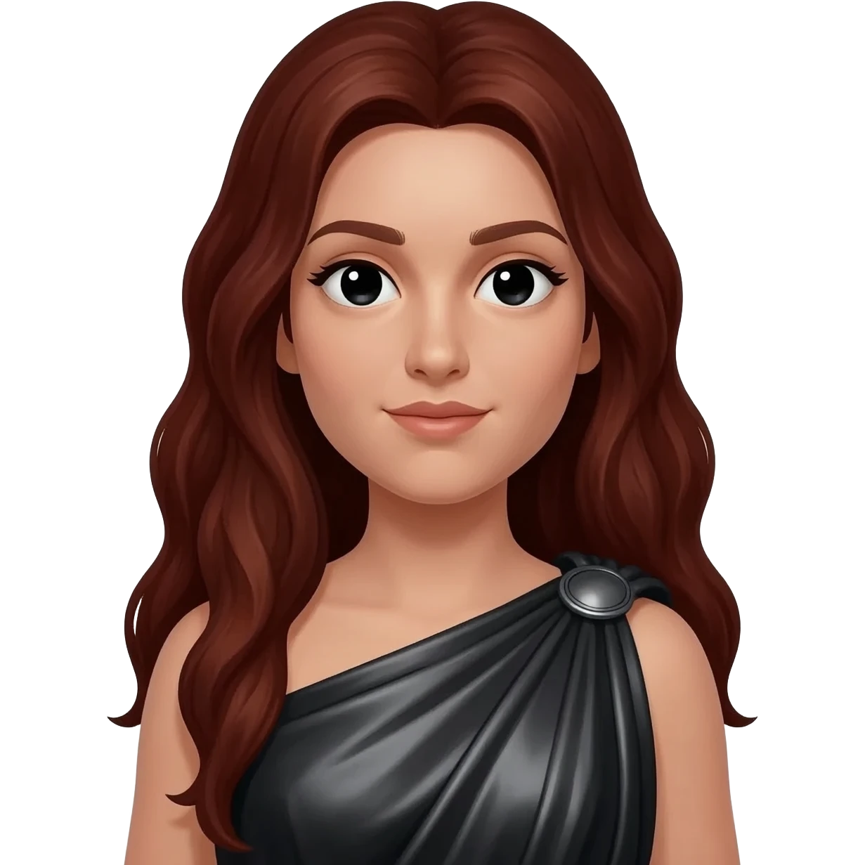 Proserpina from Roman Mythology with black eyes, long dark auburn hair, black metallic peplos emoji