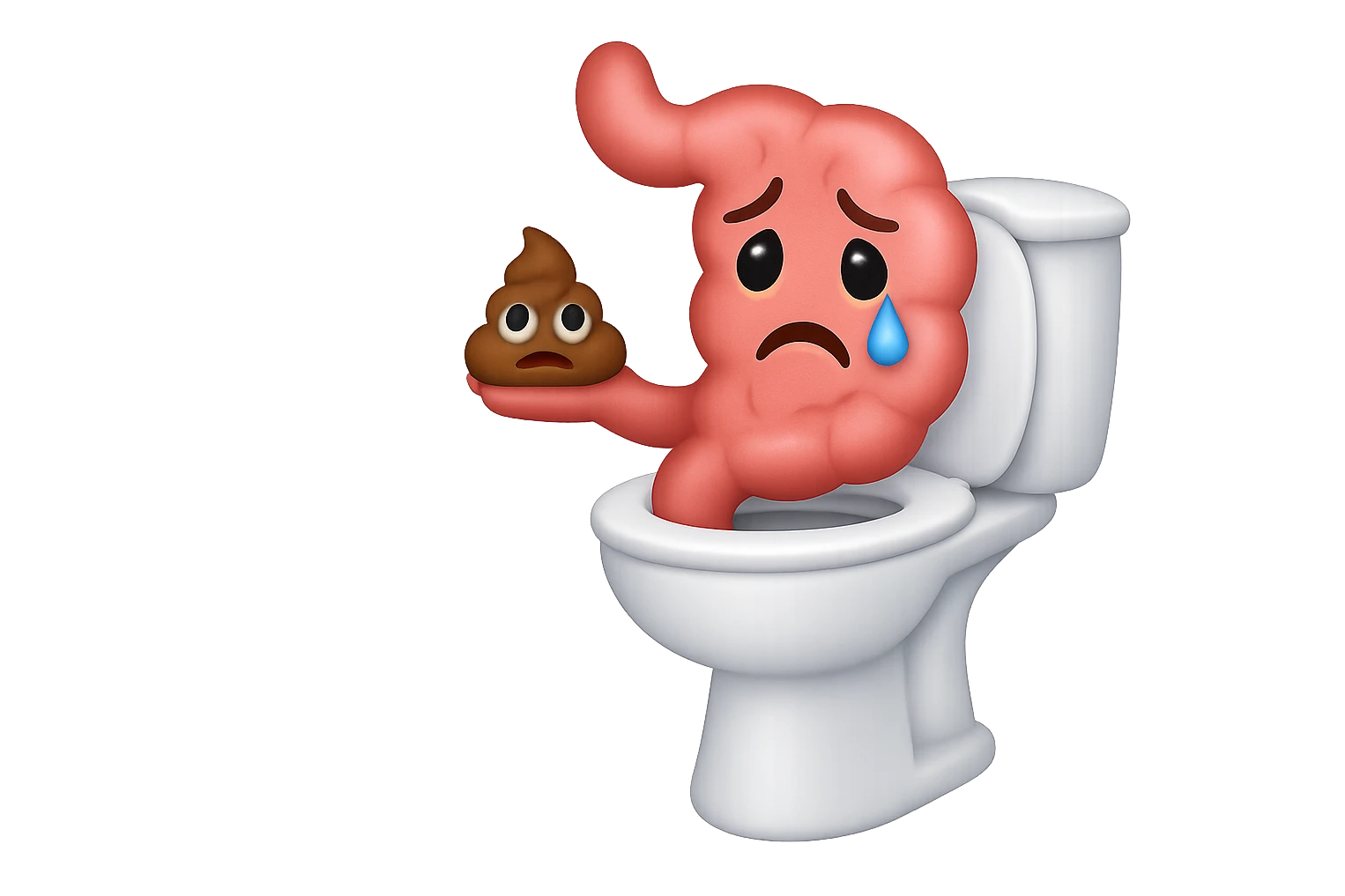 emoji stile iphone di un intestino che esce dal wc con in mano una montagnetta di feci con espressione triste a palline emoji