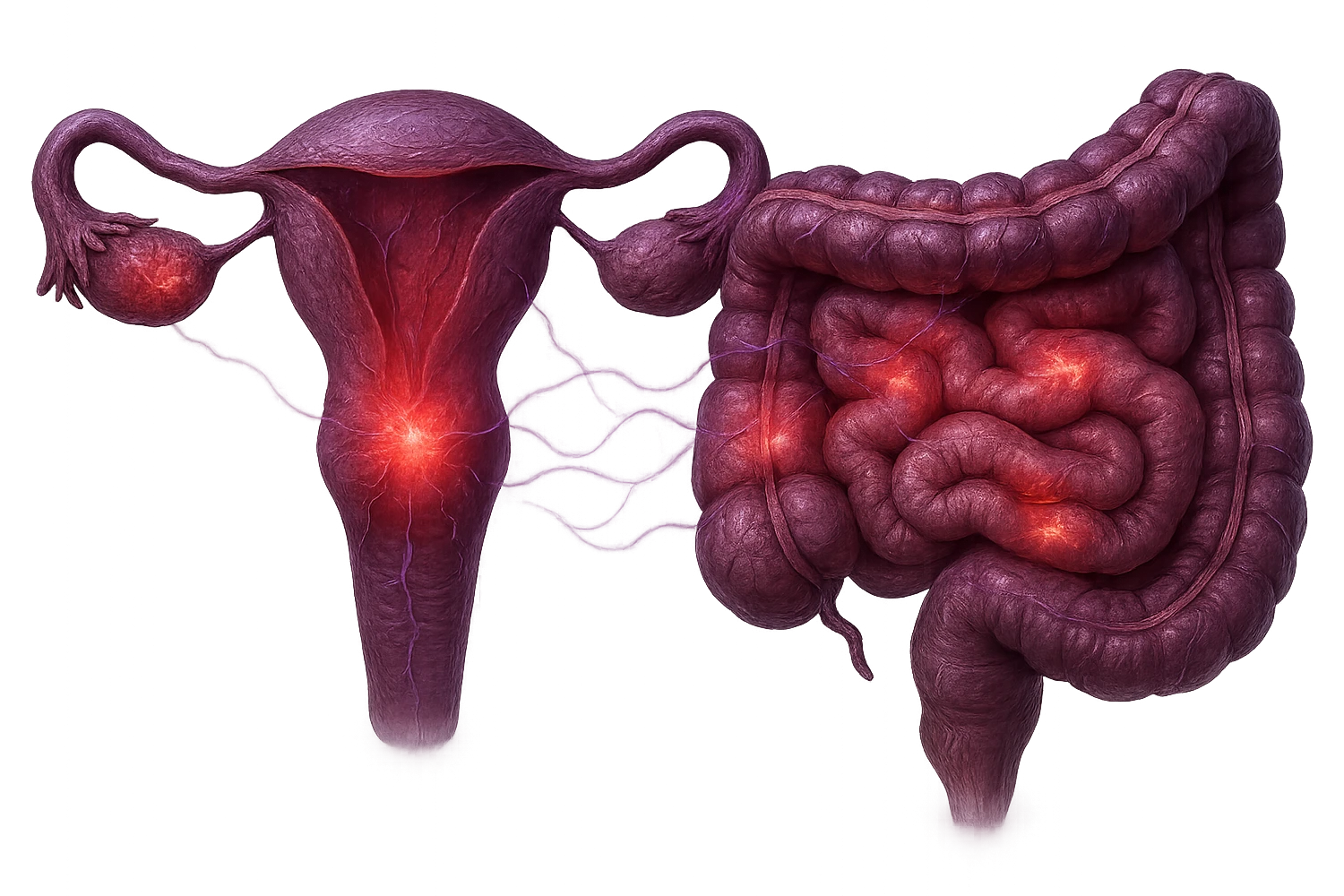 utero umano anatomico iperrealistico e intestino umano anatomico iperrealistico hanno in comune il dolore e l'infiammazione, rendi bene il collegamento tra i due organi doloranti, falla iperrealistica, non disegnata, fai colori che si adattano a questo viola #971ef1 emoji