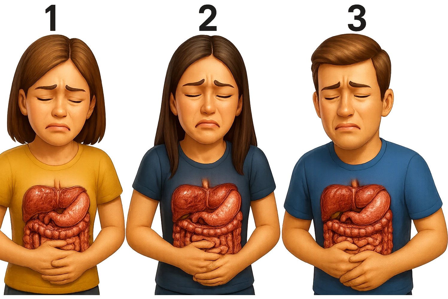 emoji stile iphone di 3 persone, due donne e un uomo, con intestino realistico e mal di pancia, sulle donne ci sono i numeri 1, 2 e sull'uomo il 3, iperrealistico 4k emoji