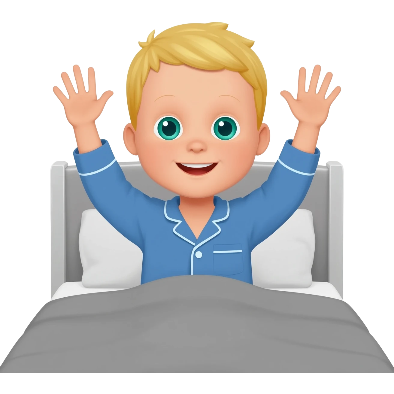 Use the same 3 year old blonde boy with blueish-green eyes, it should be the same boy as before  happy with plain blue pajamas raising both arms up, on the bed, the bed should be gray emoji