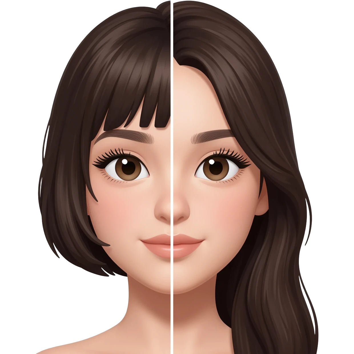 young pretty girl, face split in half, left side short hair, right side long hair, perfect eyebrows, long eyelashes, polished look, soft makeup, bright lighting emoji