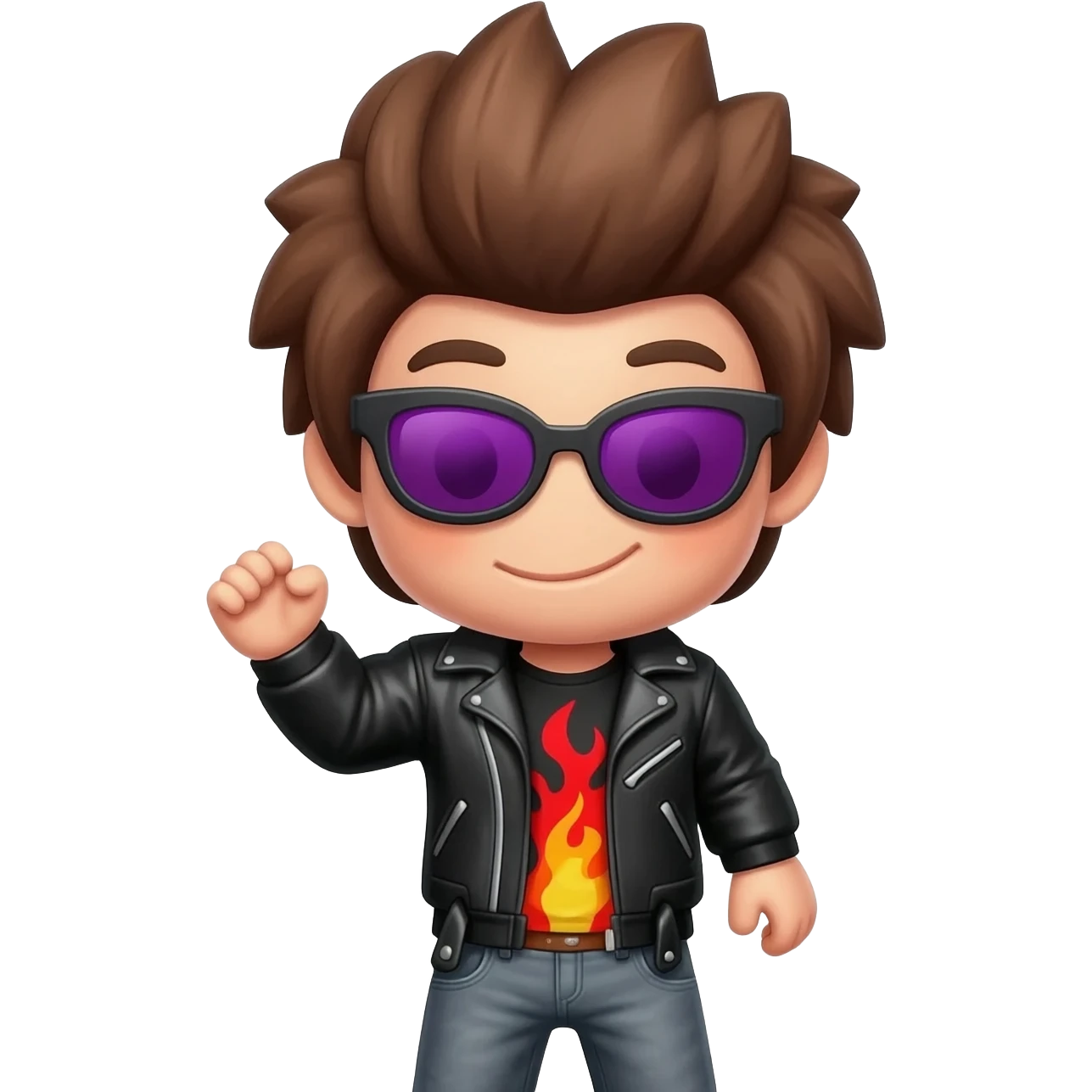 Cool Roblox boy avatar emoji, brown hair, purple sunglasses, smiling face, black leather jacket, red shirt with flame design, gray jeans, confident pose with one hand raised, playful and stylish vibe, 3D cartoon style, bright lighting, cute gaming emoji style emoji