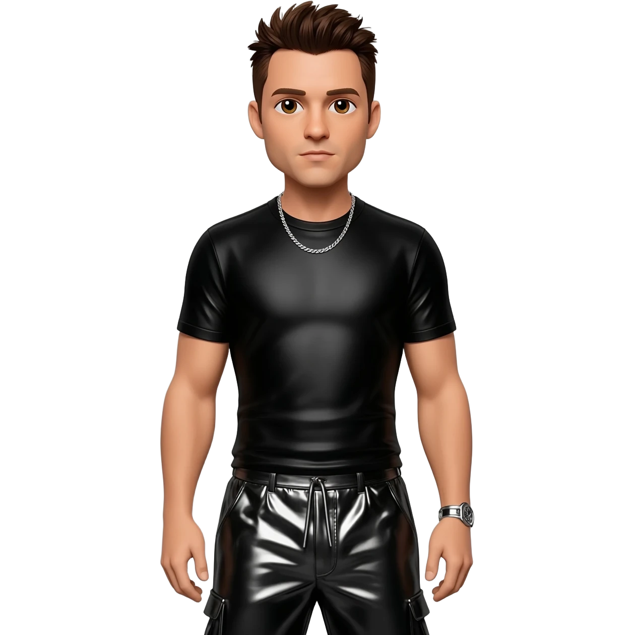 Jon Knight from NKOTB with brown eyes, dark brown hair, black metallic t-shirt, black metallic baggy pants, silver necklace emoji