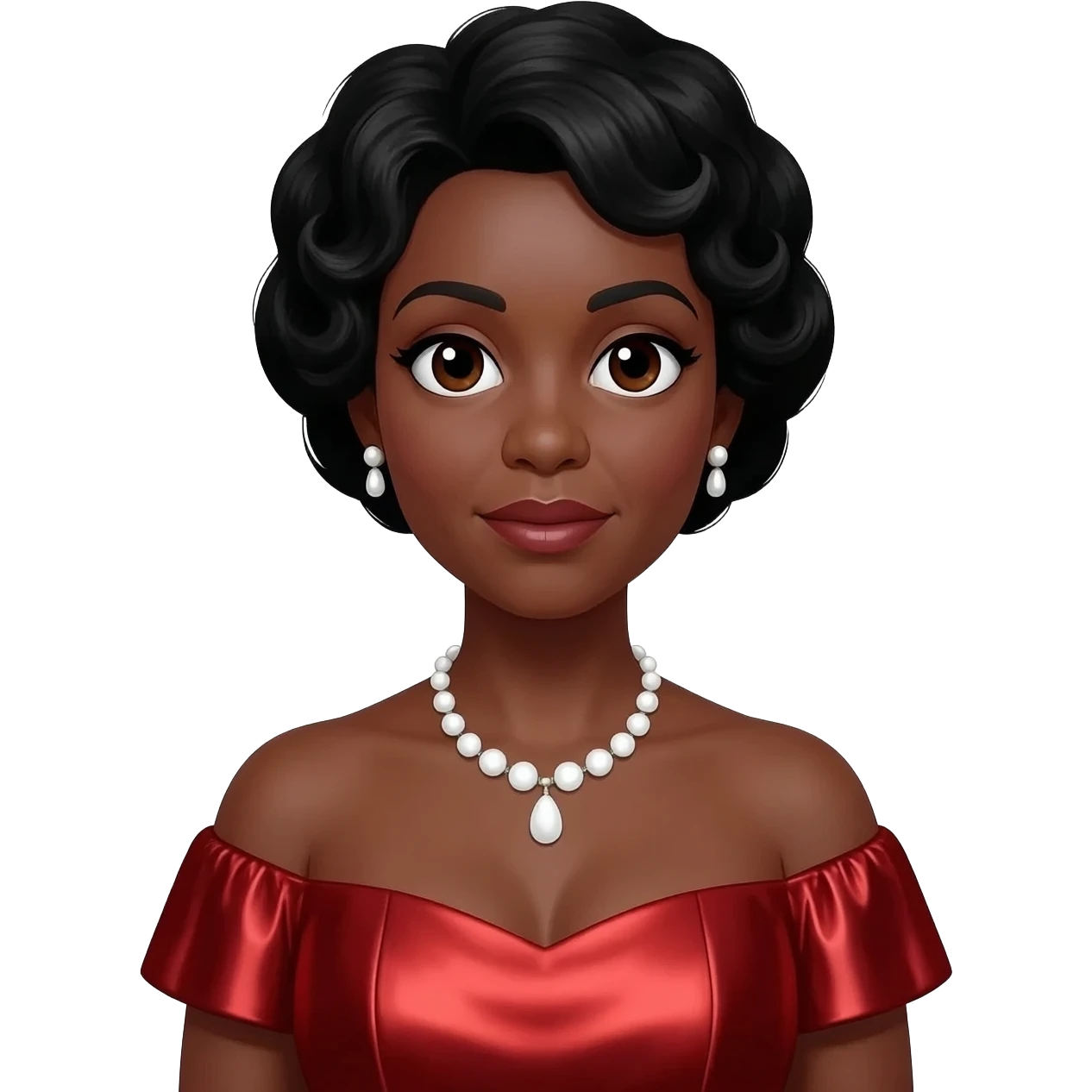 Marian Anderson dark brown eyes, black hair, red metallic off shoulder dress, white necklace and earrings emoji