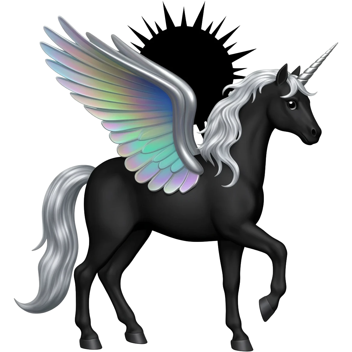 Winged unicorn that is black and silver with the black sun behind it emoji