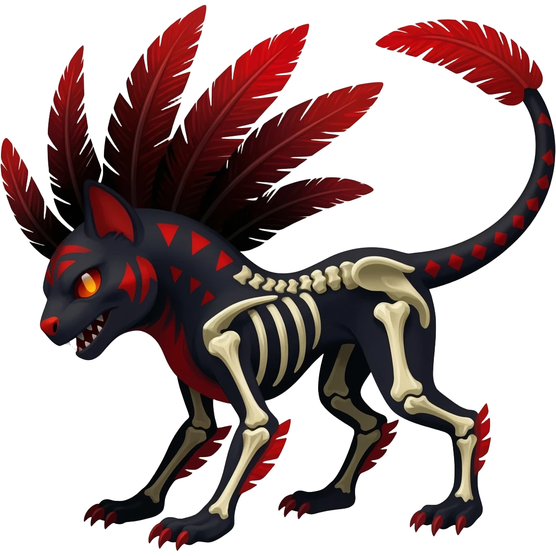 Rare black and red realistic dark edgy tropical tribal patterned feathery skeletal badass epic handsome gorgeous aesthetic colorful vibrant Vernid-Trico-species-Fakemon-creature by LiLaiRa, 4 legs, 1 tail, random markings, (full body) emoji