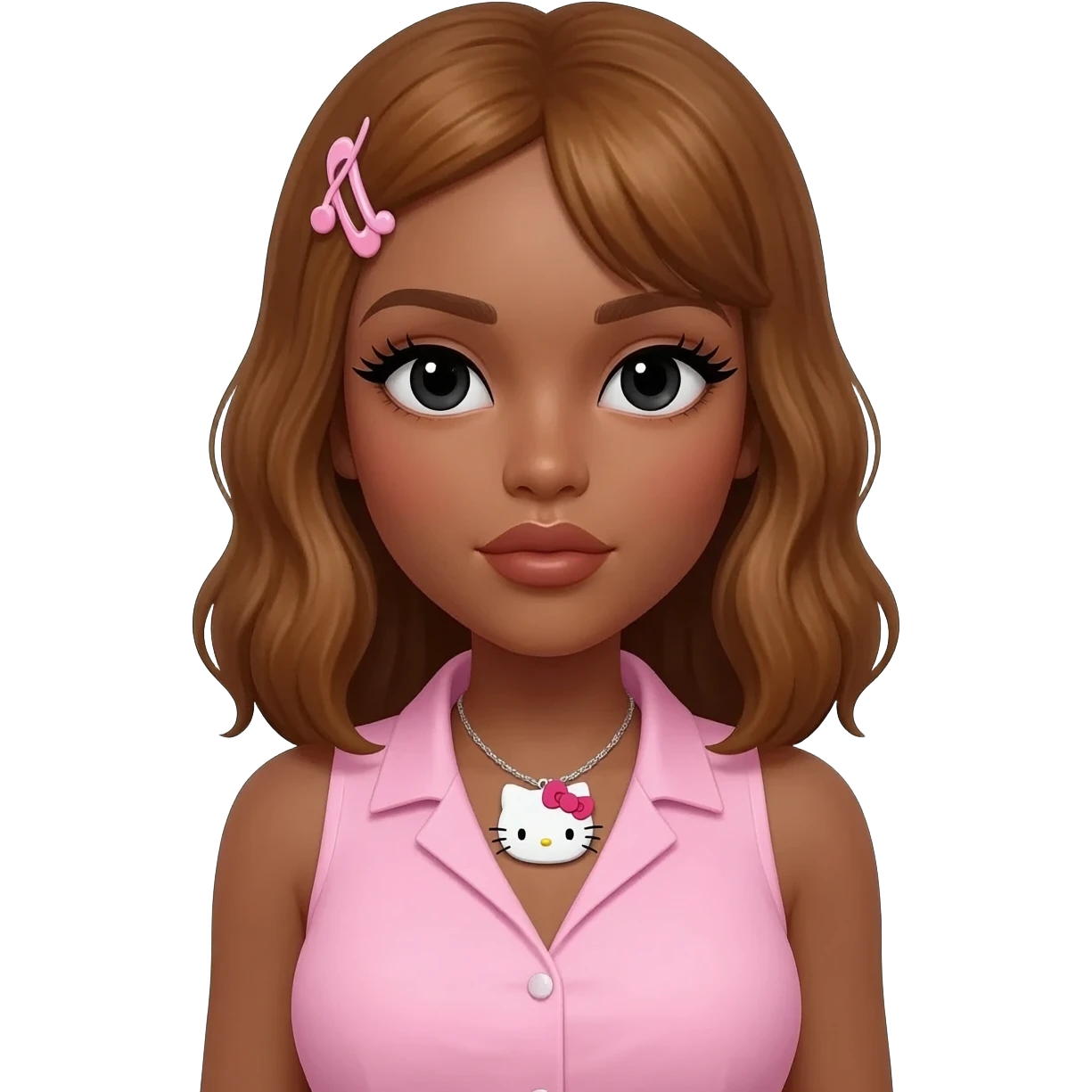 Long lashes, my melody hairclip, Doll faced shaped, hello kitty necklace, bimbo, black doll eyes, Big lips barbie, long dark brown skin with honey brown hair, light pink sleeveless shirt, big breast emoji