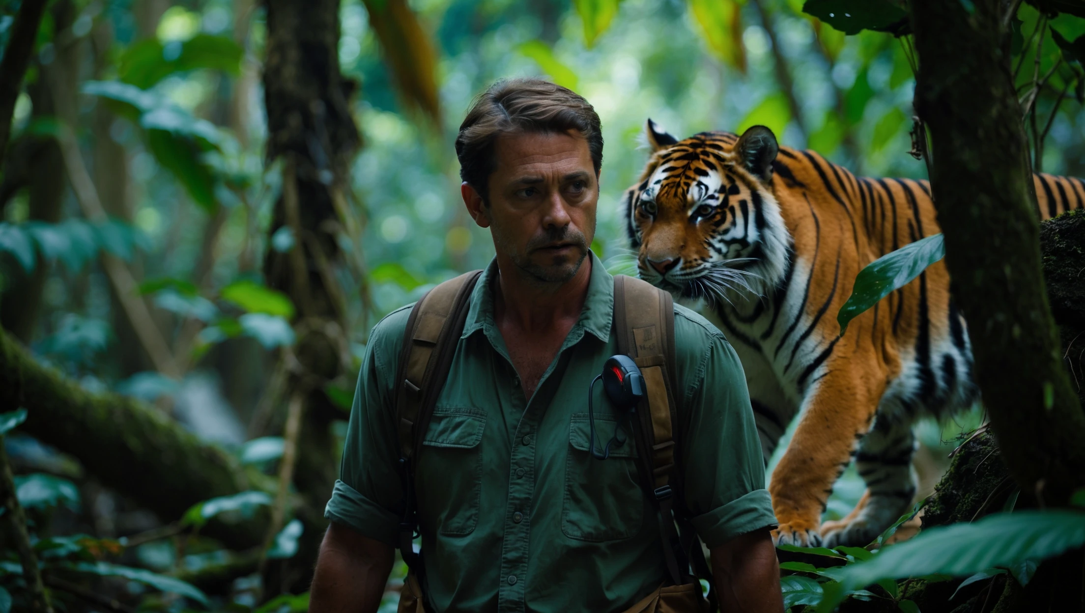 cinematic still, documentary photography, amazon jungle, well lit scene, man is exploring the jungle, close up, front shot, rule of thirds, tiger in background sneaking trying to jump on man emoji