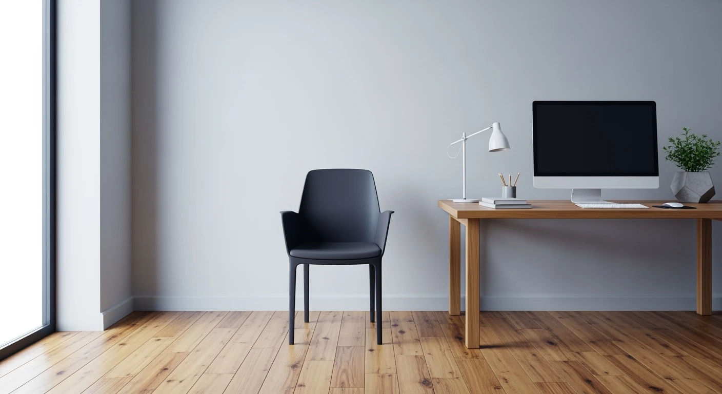 Editorial shot, Make this chair next to desk with mac setup, wooden modern floor, minimalistic room, contrast chair to wall, chair standing front to camera, soft bright light in room emoji