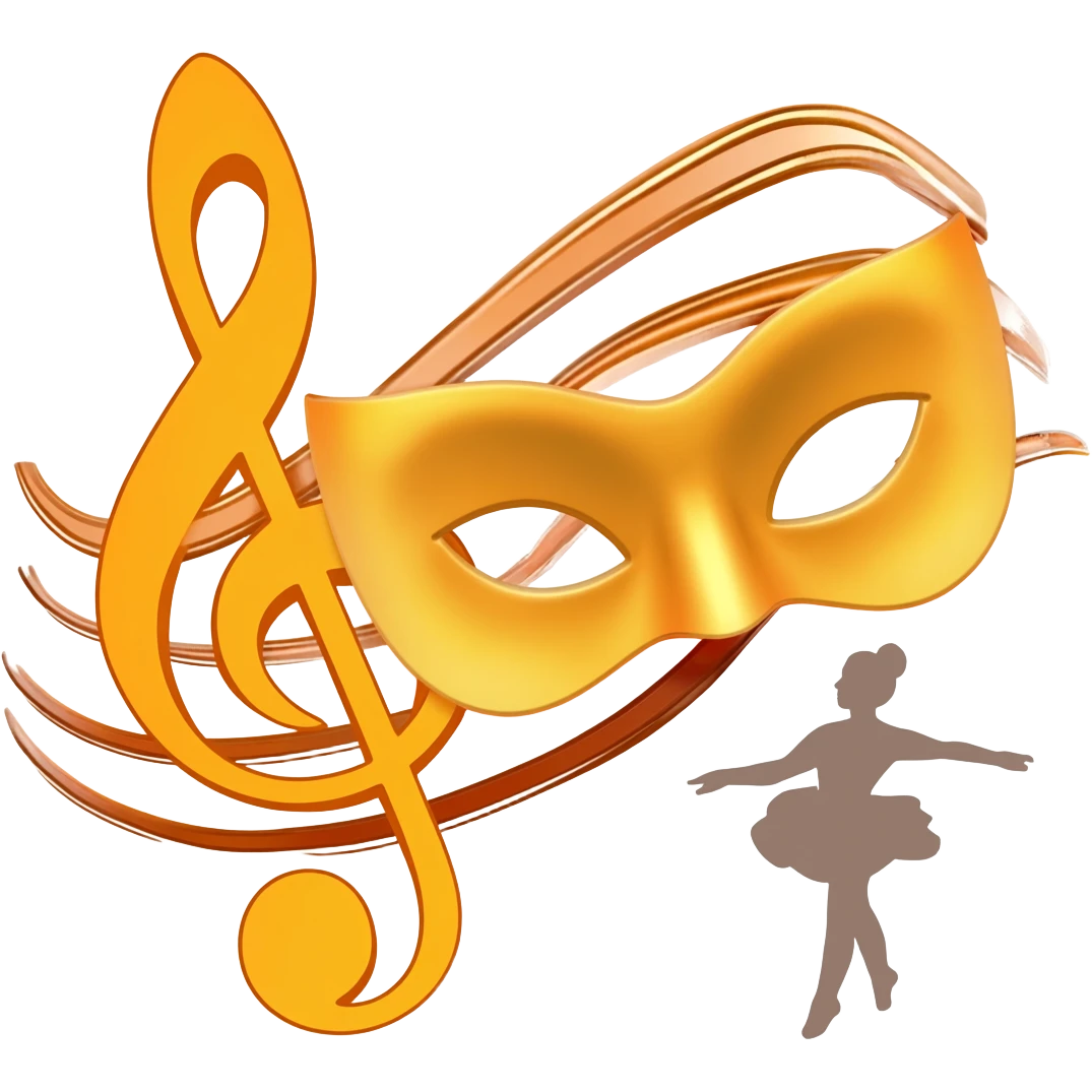 Create a bright and artistic emoji that represents musical theater. The design should include musical elements, a theater mask, and some dance, which could be a dancer. emoji