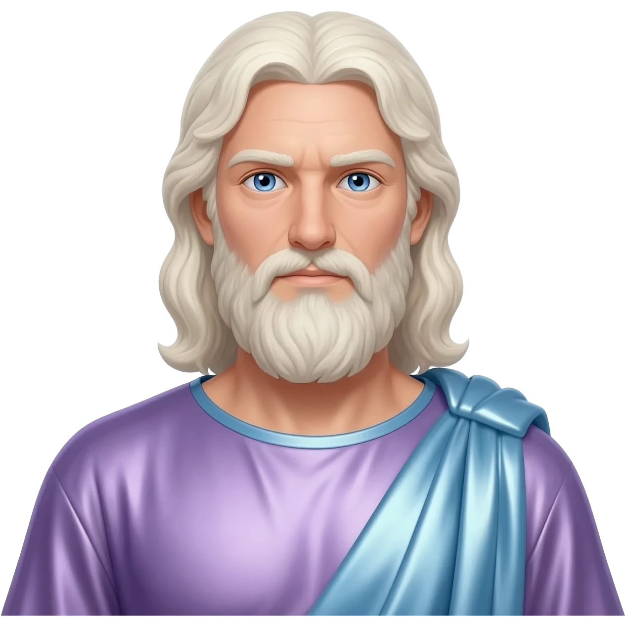 Jupiter from Roman Mythology with blue eyes, long white blonde hair and beard, pale purple metallic tunic, light steel blue metallic cloak emoji