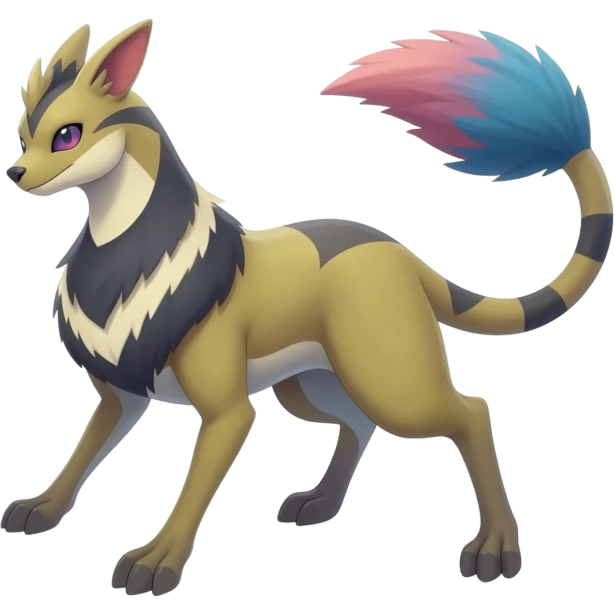 Rare realistic exotic edgy epic pretty beautiful handsome gorgeous aesthetic colorful vibrant Vernid-Trico-species-Fakemon-creature by LiLaiRa, 4 legs, 1 tail, random markings, (full body) emoji