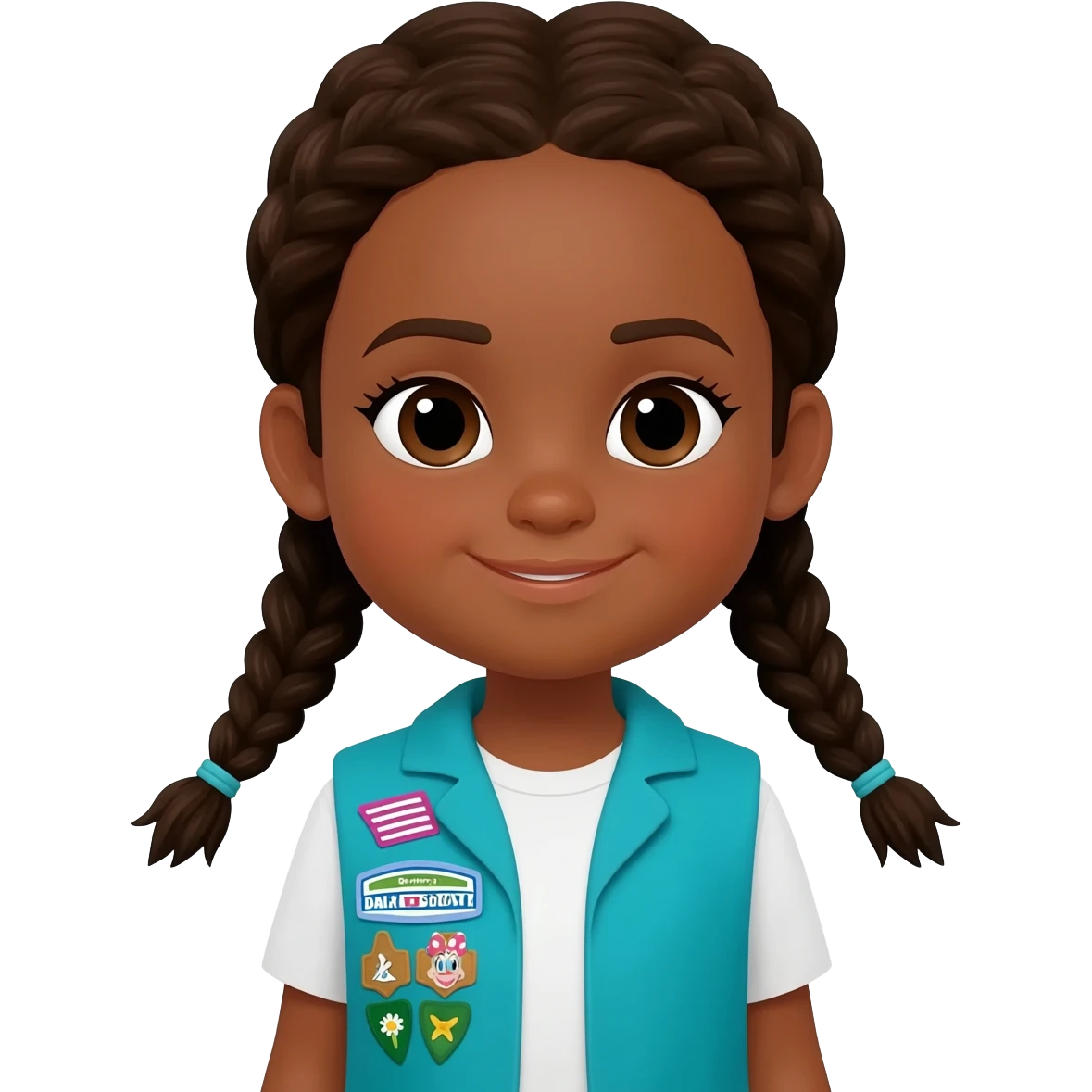 5 year old, fair skinned african american with braids, Daisy girl scout in Daisy blue best emoji