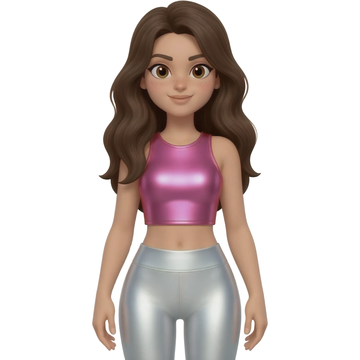 Azzyland with light skin, long dark brown hair, pink metallic crop top, white metallic leggings emoji