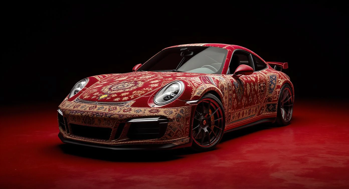 Closeup shot of a porsche 911, body of car made of russian carpet with patterns, red solid studio background, very dark room, top low key light, dutch angle, haze, captured by ARRI 65 emoji