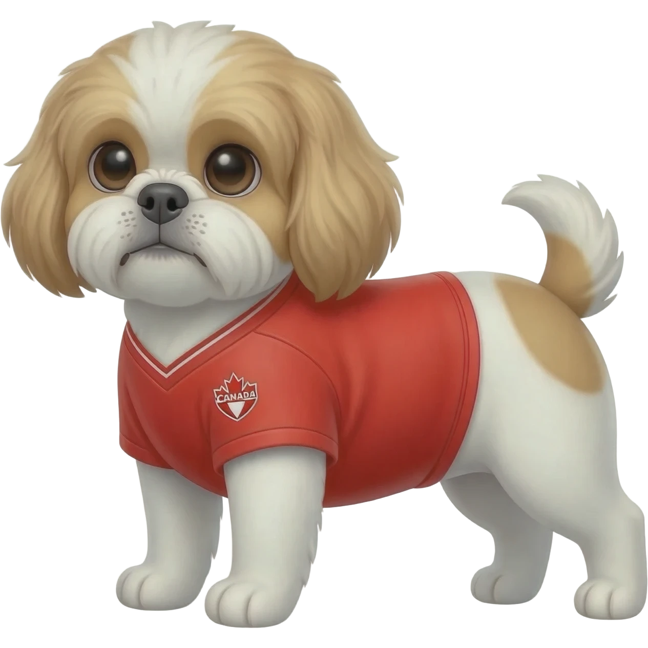 white and light brown shih zhu wearing a Canada red soccer jersey v neck 2026 work cup emoji