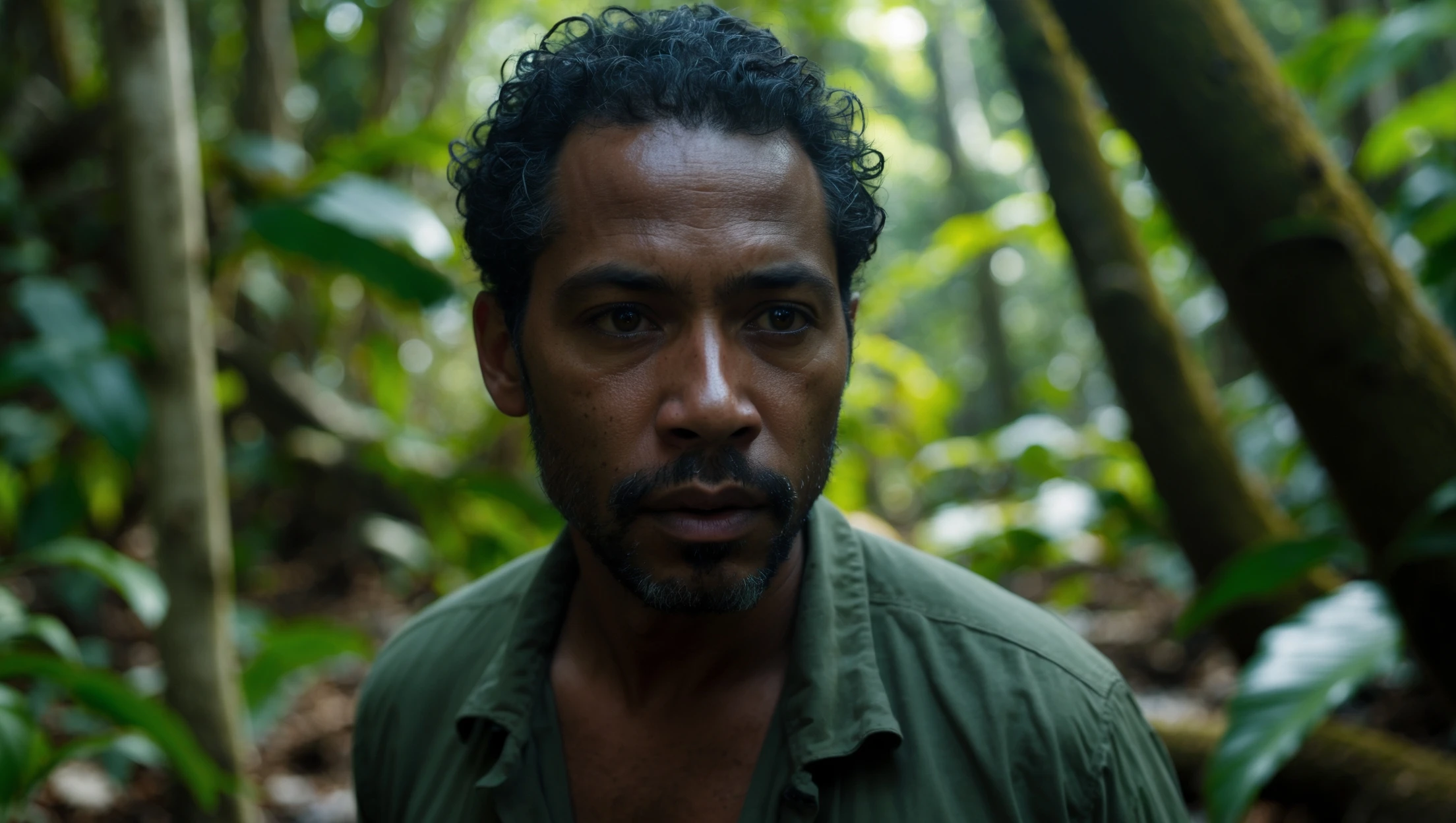 cinematic still, documentary photography, amazon jungle, well lit scene, man is exploring the jungle, close up, front shot emoji