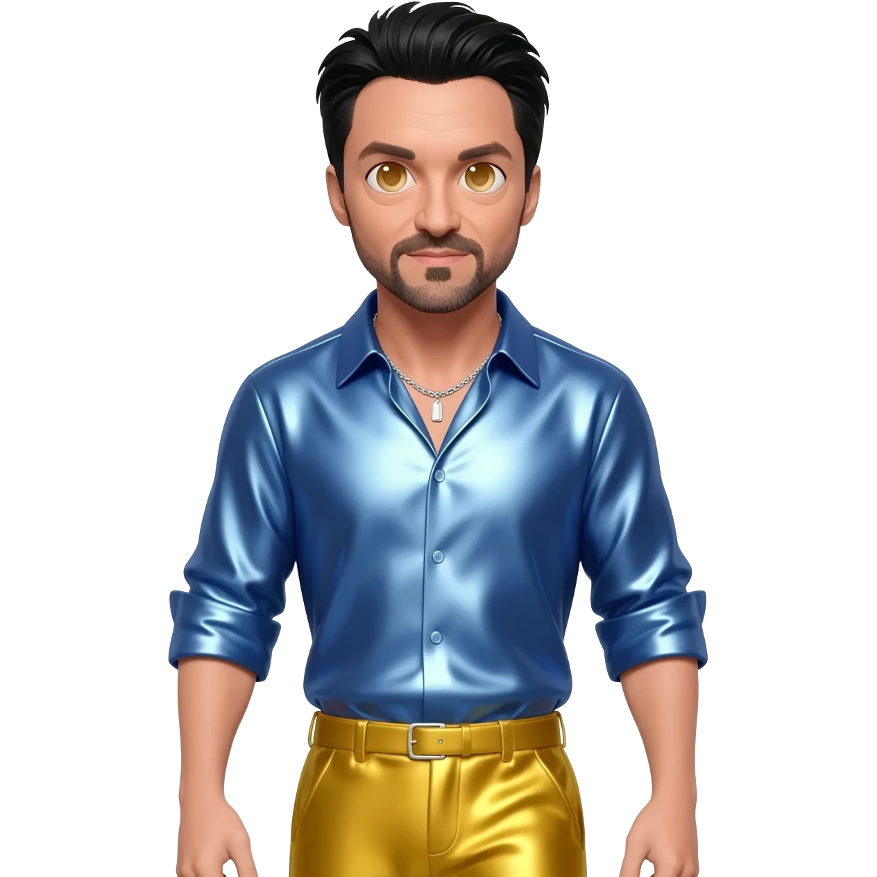 Hugh Jackman with hazel eyes, black hair, periwinkle blue metallic shirt, yellow metallic baggy pants, silver necklace emoji