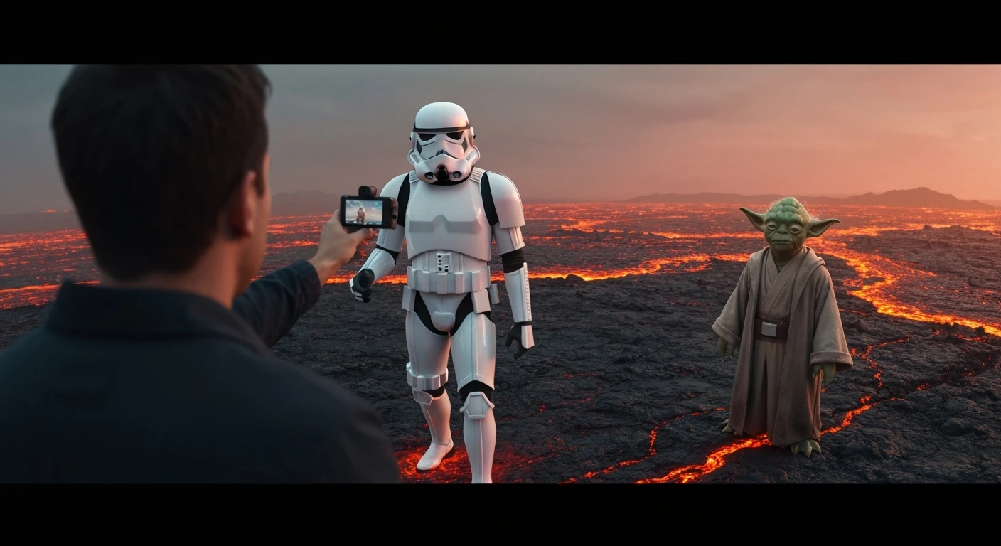 Cinematic still, Shot on vlog camera, Starwars stormtroopers vlogging , he is walking on lava planet with yoda emoji